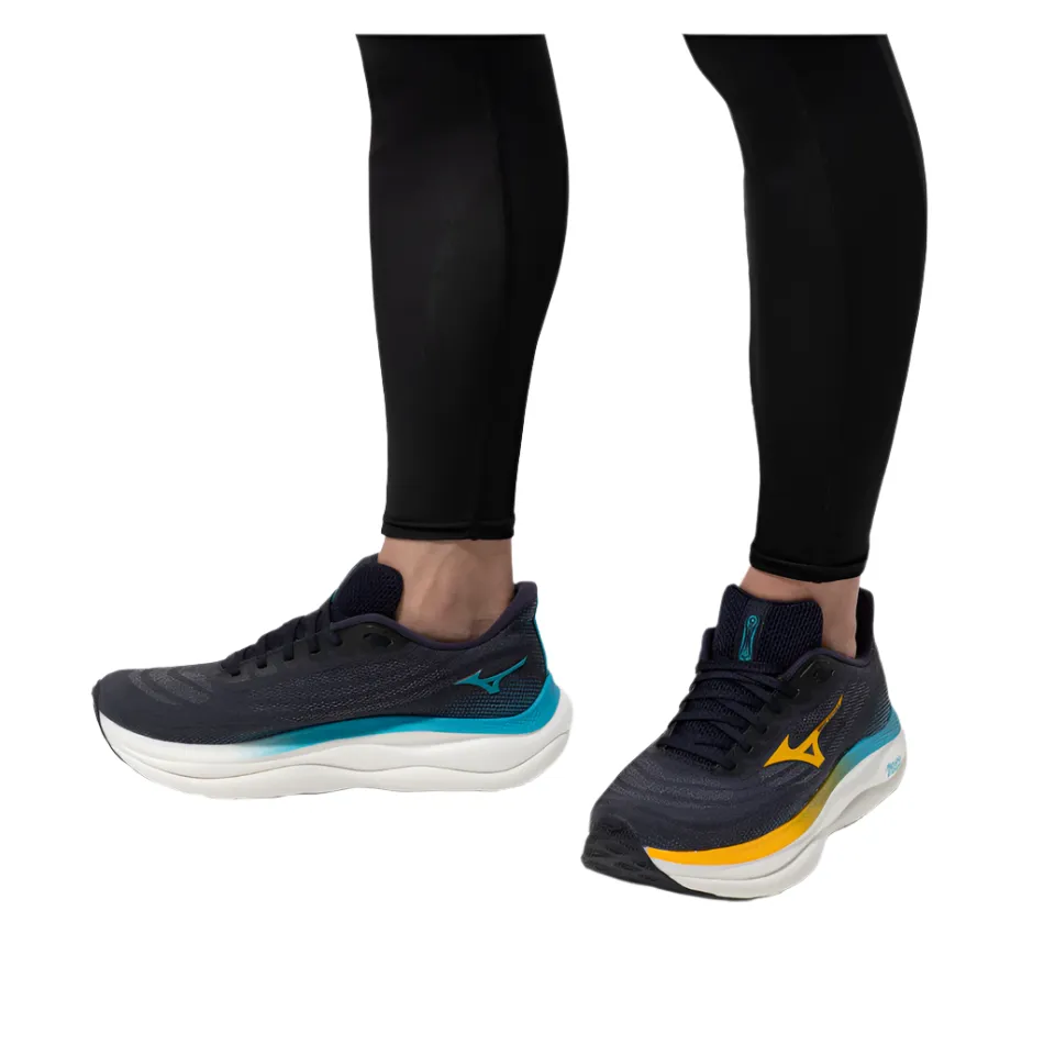 Mizuno Men's Wave Sky 9 Running Shoes in Baritone Blue/Citrus/Capri Breeze AW25 Pressure Distribution Outsole walking running shoes