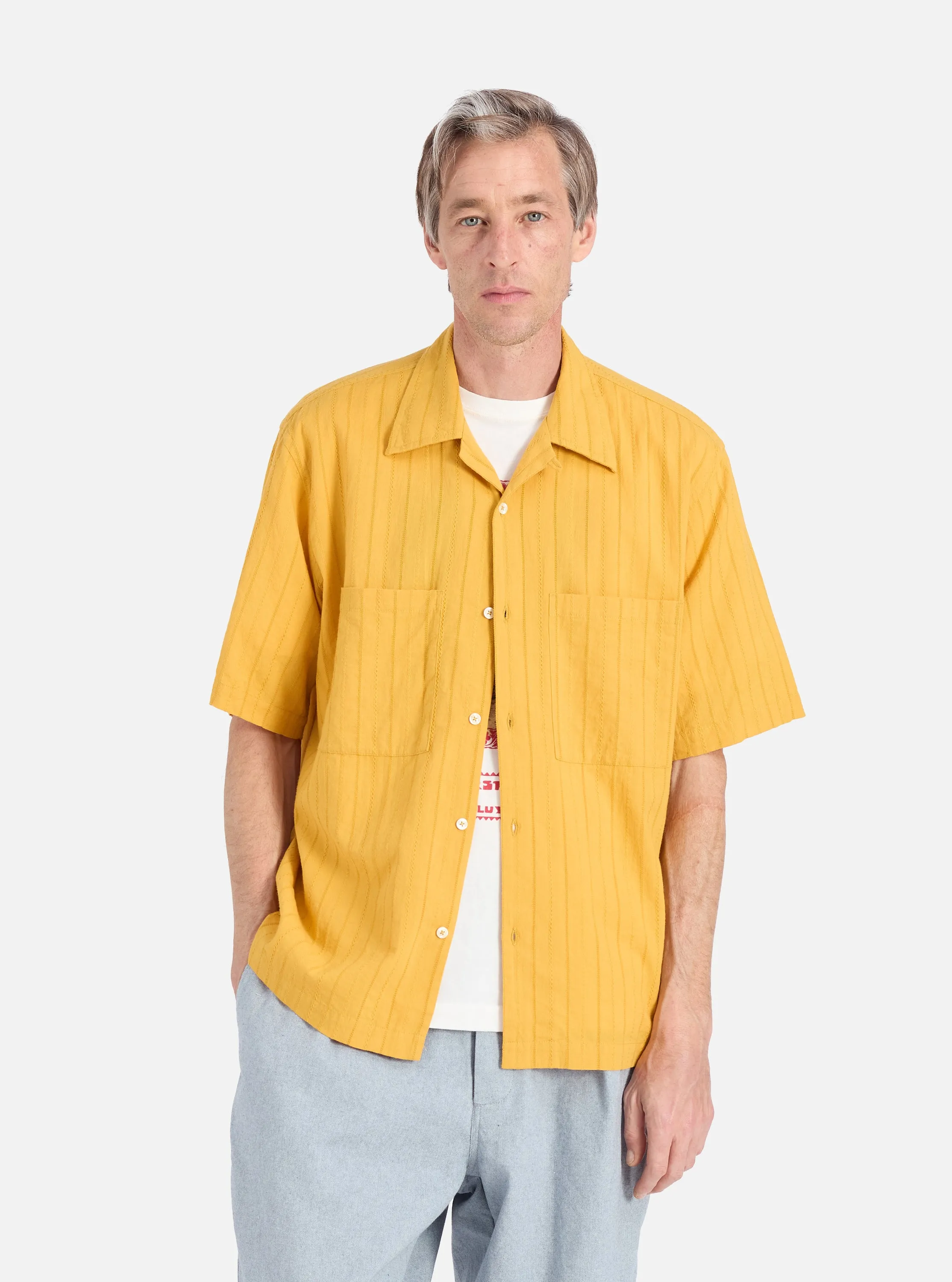 Mustard Dobby Self Stripe Camper Shirt Chic Comfort Moisture Wicking Material