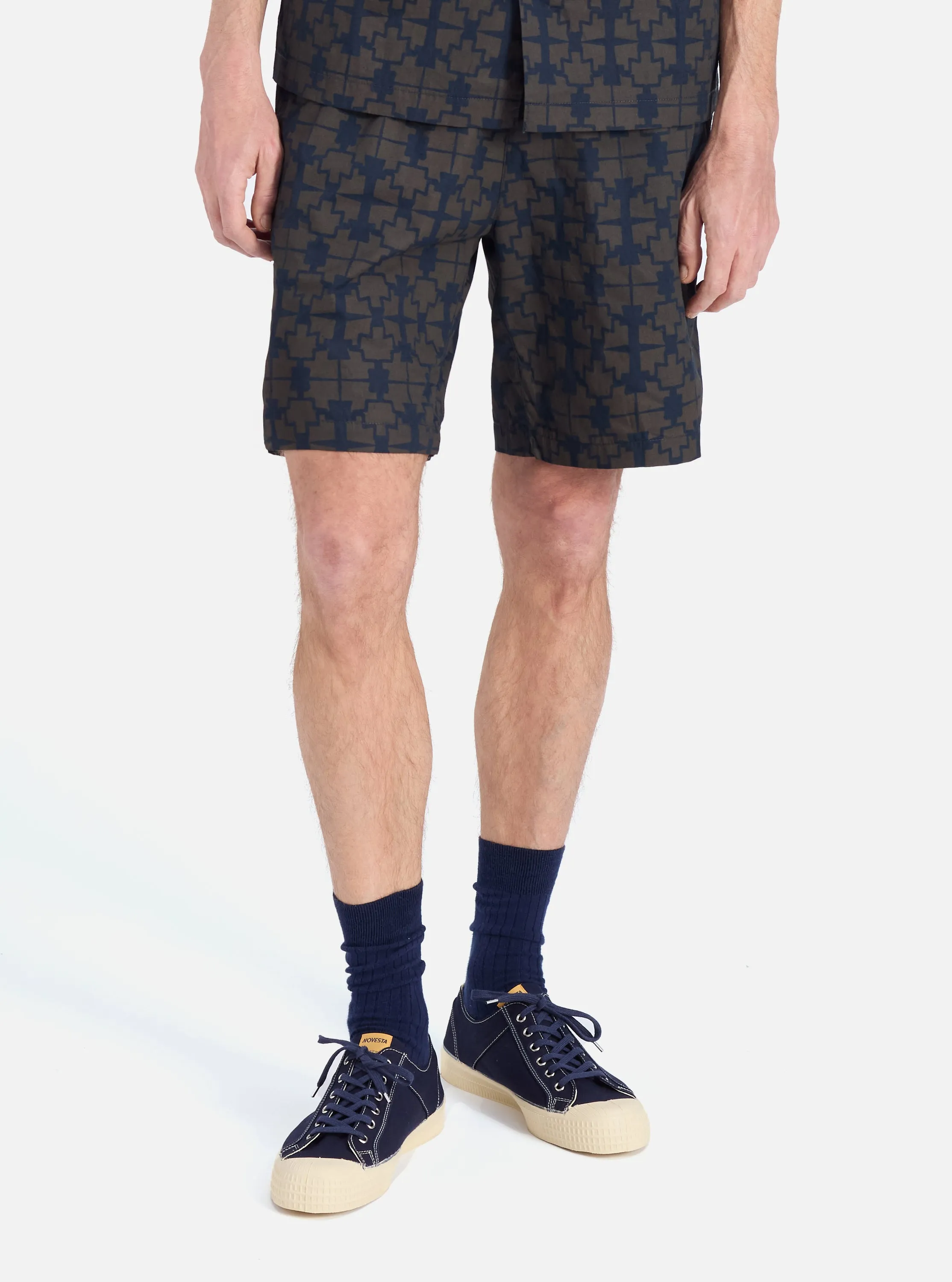 Navy Mitla Print Cotton Simple Short Dynamic Tension Control