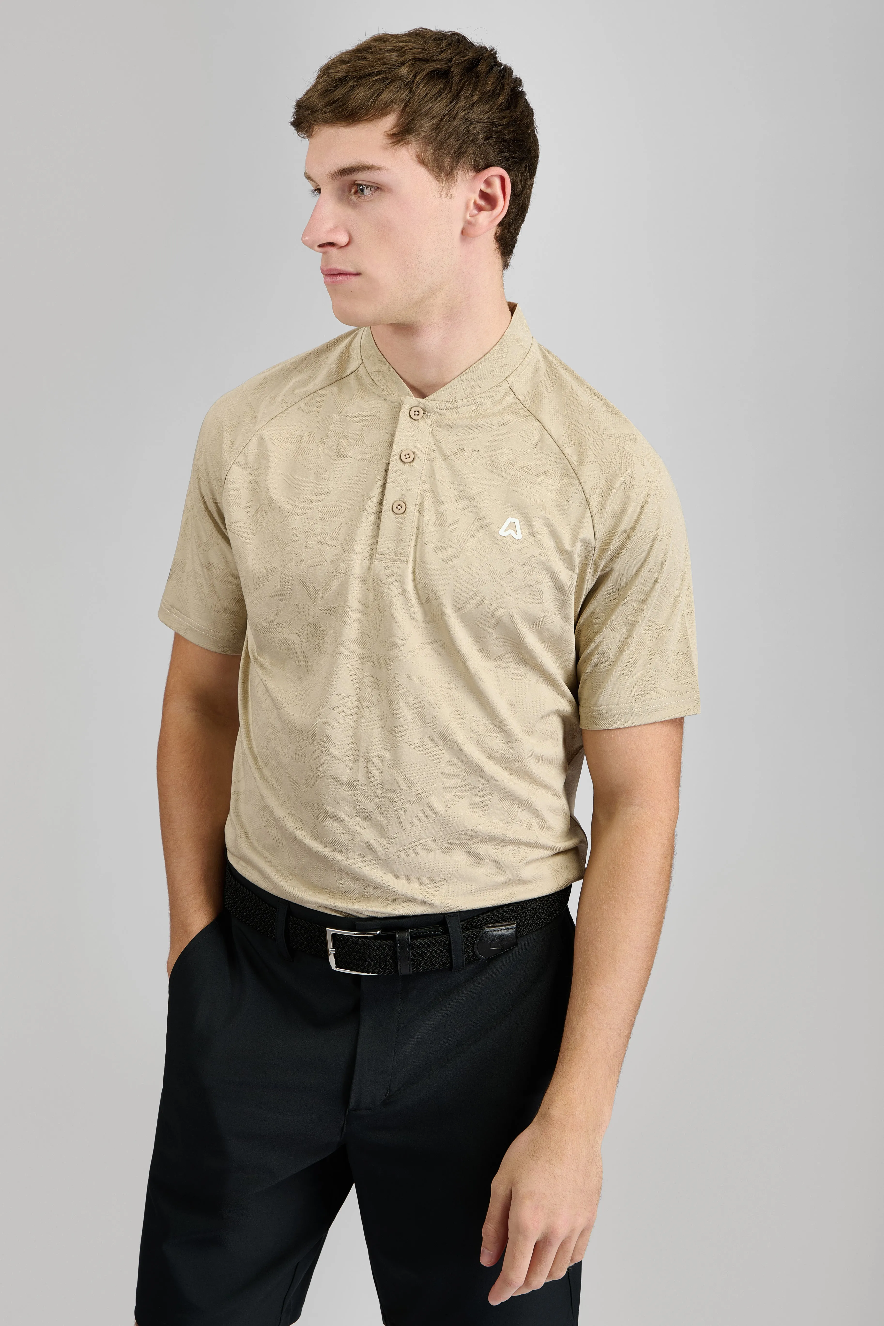 Quick Release Placket All-Day Wear Orbit Texture Grandad Golf Polo Shirt - Bunker Sand