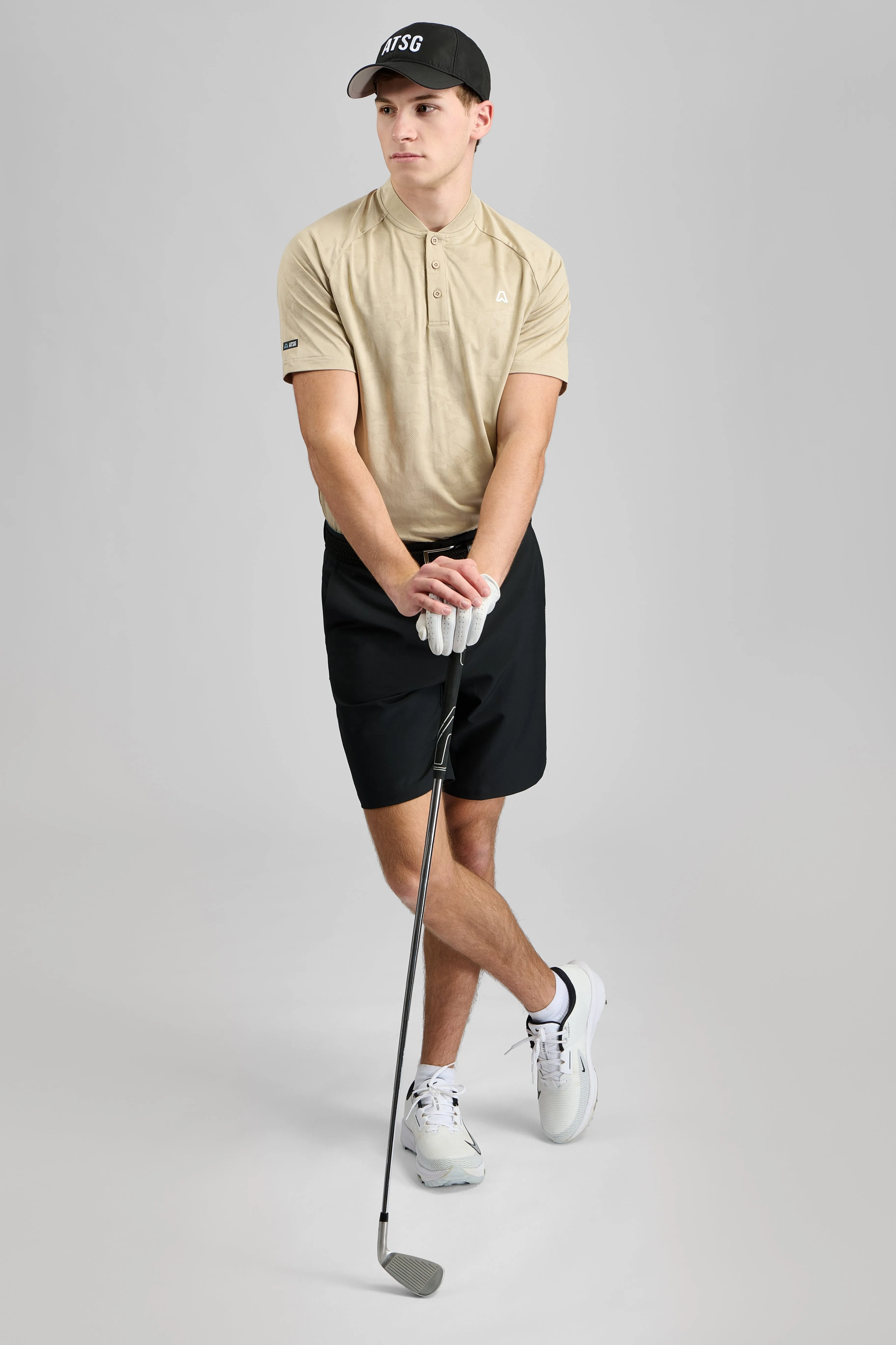 Orbit Texture Grandad Golf Polo Shirt - Bunker Sand Athleisure Trend Everyday Comfort