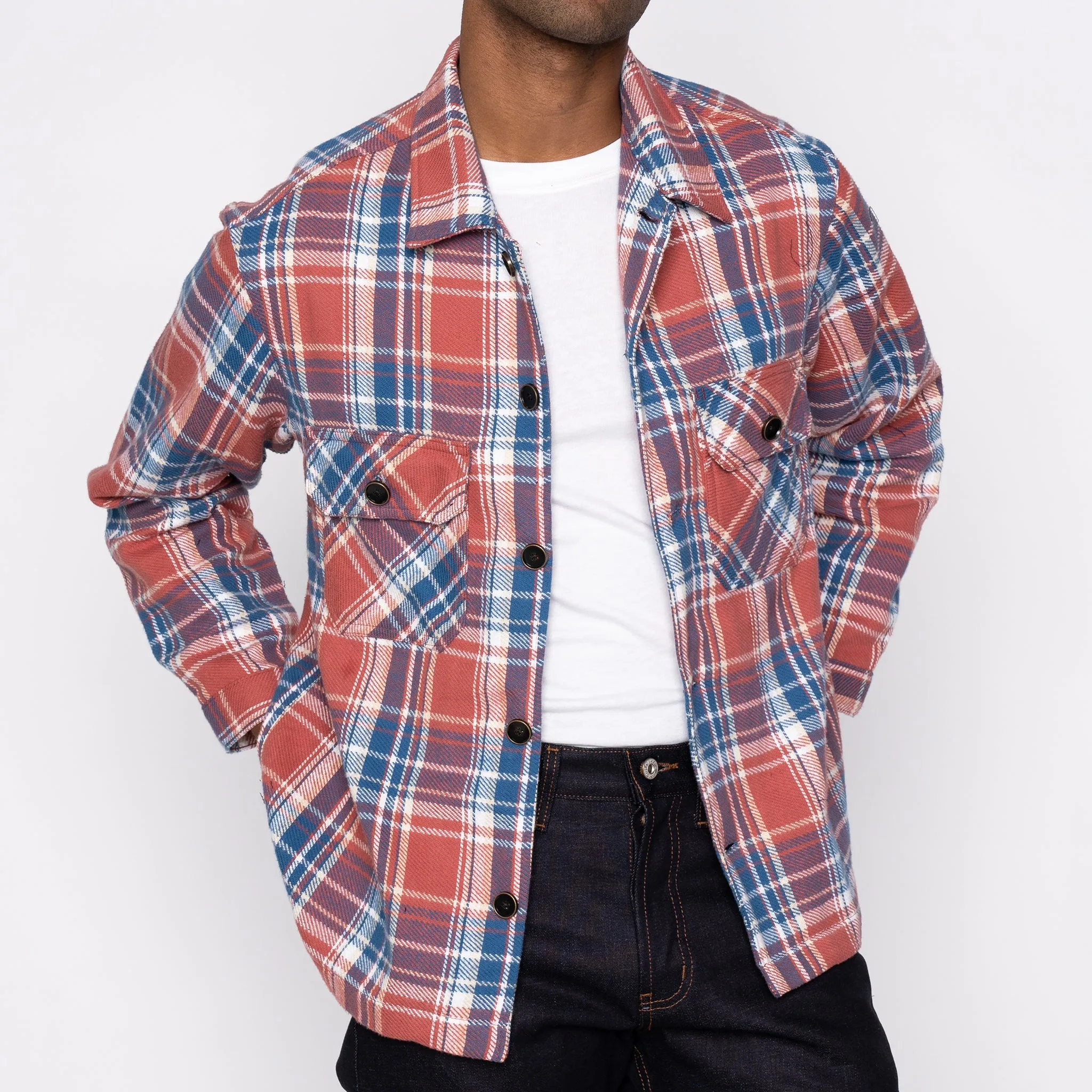 Over Shirt - Triple Yarn Twill Check Brush - Red Floral Motif