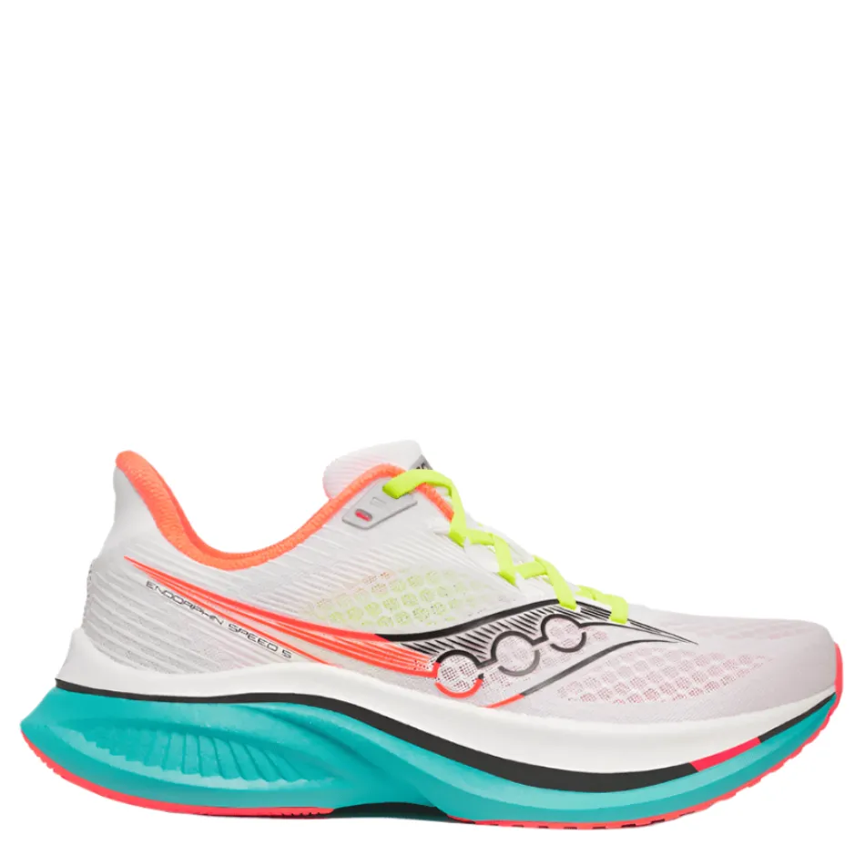 water - repellent - upper - feature shoes Saucony Men's Endorphin Speed 5 Running Shoes in White/Mutant AW25