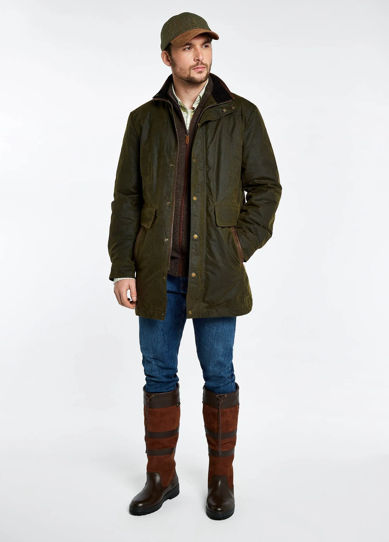 Cold Outfit FleeceLined Chalkhill Men's Long Waxed Jacket - Olive