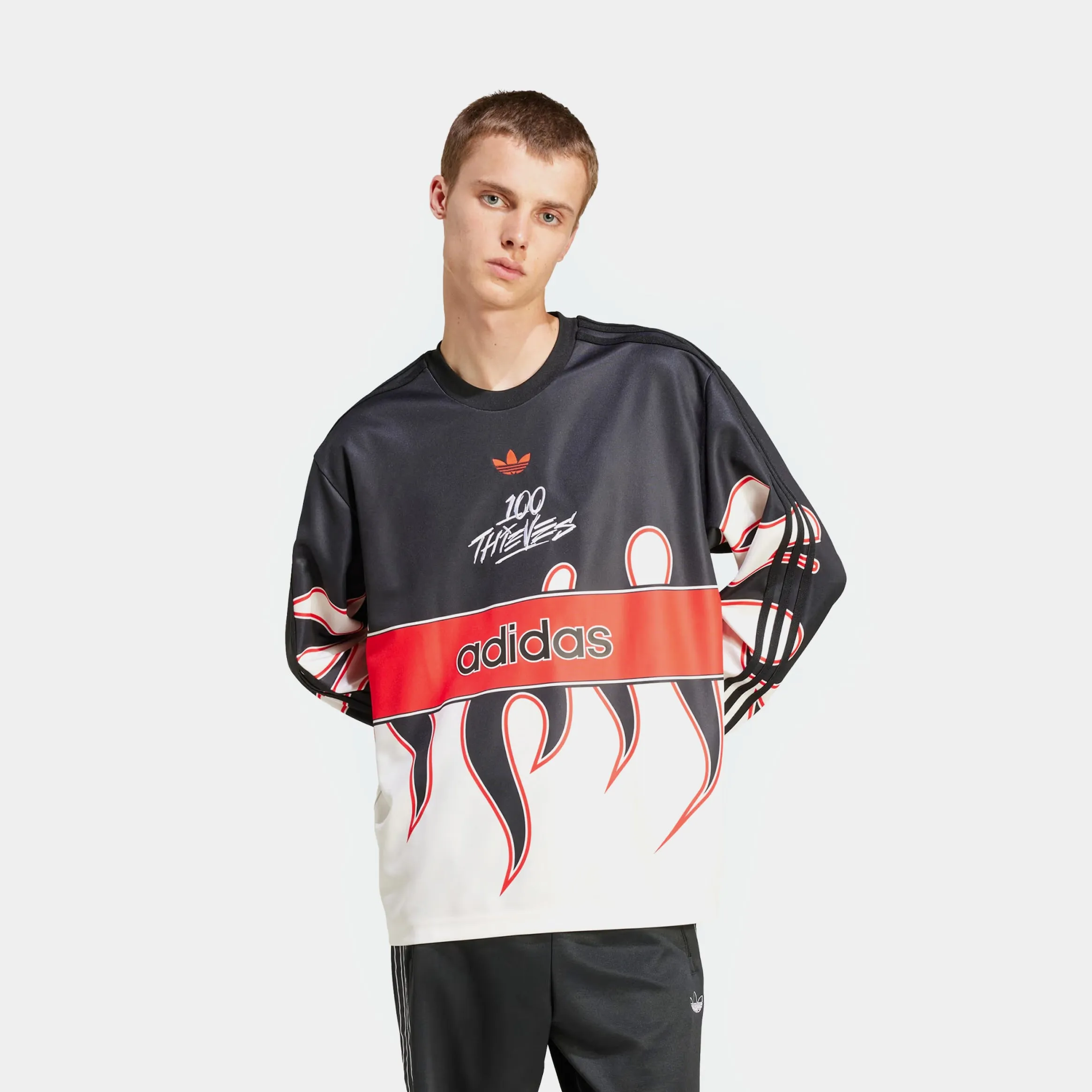 100 Thieves Flames Mens Long Sleeve Shirt (Black/Red) Vintage Wash Christmas