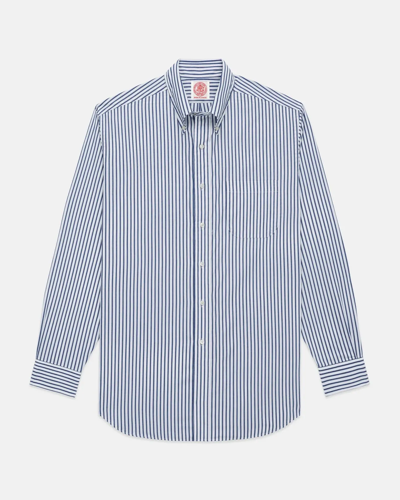 Made-in-Canada Navy Butcher Stripe Broadcloth Button Down Shirt - Classic Fit Neutral Colors Essential Fit