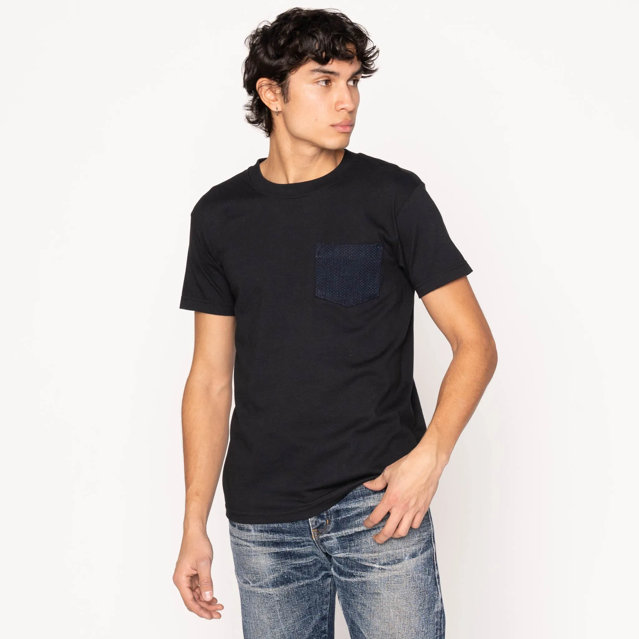 Sustainable Fibers Geometric Pattern Pocket Tee - Black - Indigo Sashiko
