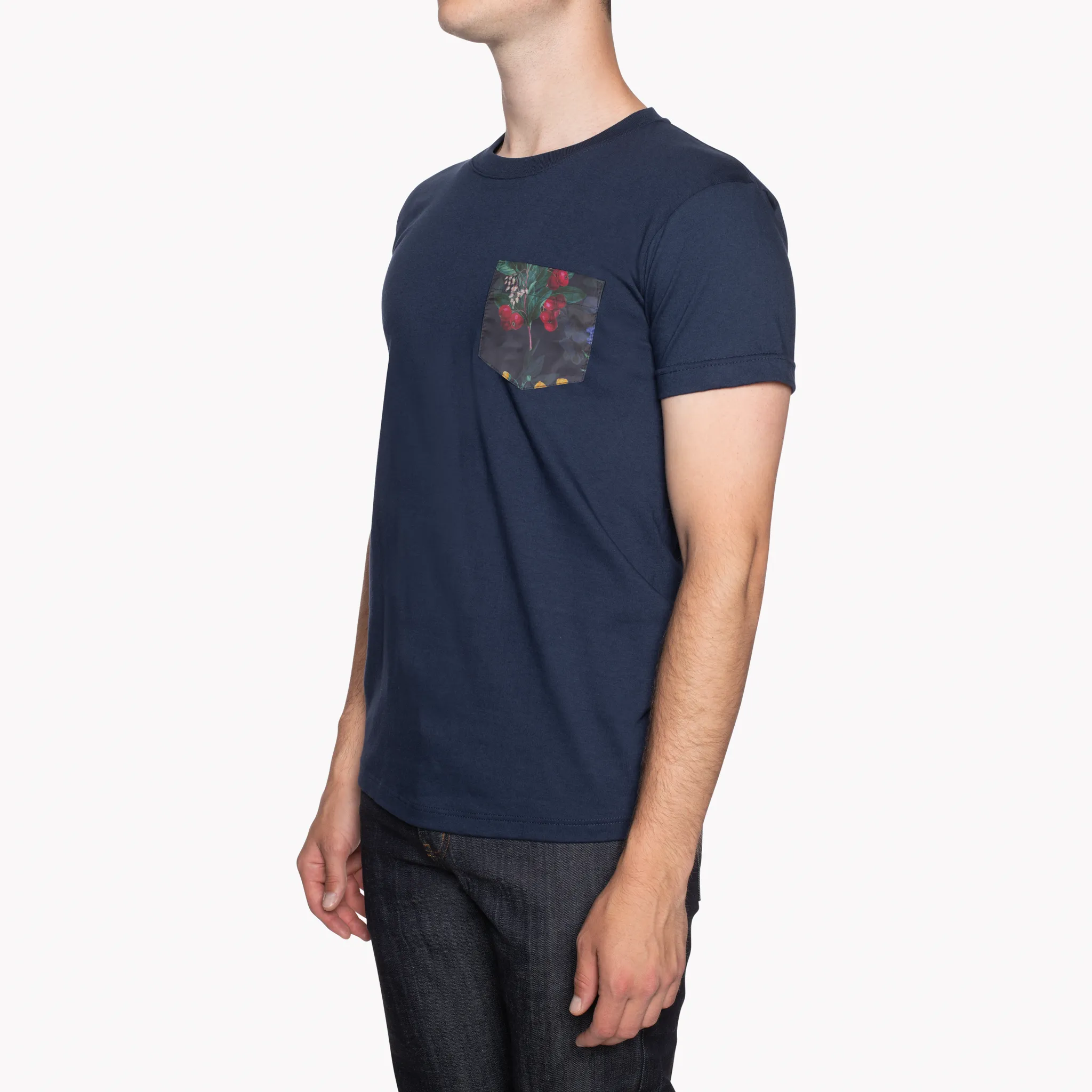 Recycled Polyester Thread Versatile Design Pocket Tee - Navy - Botanical Print - Navy
