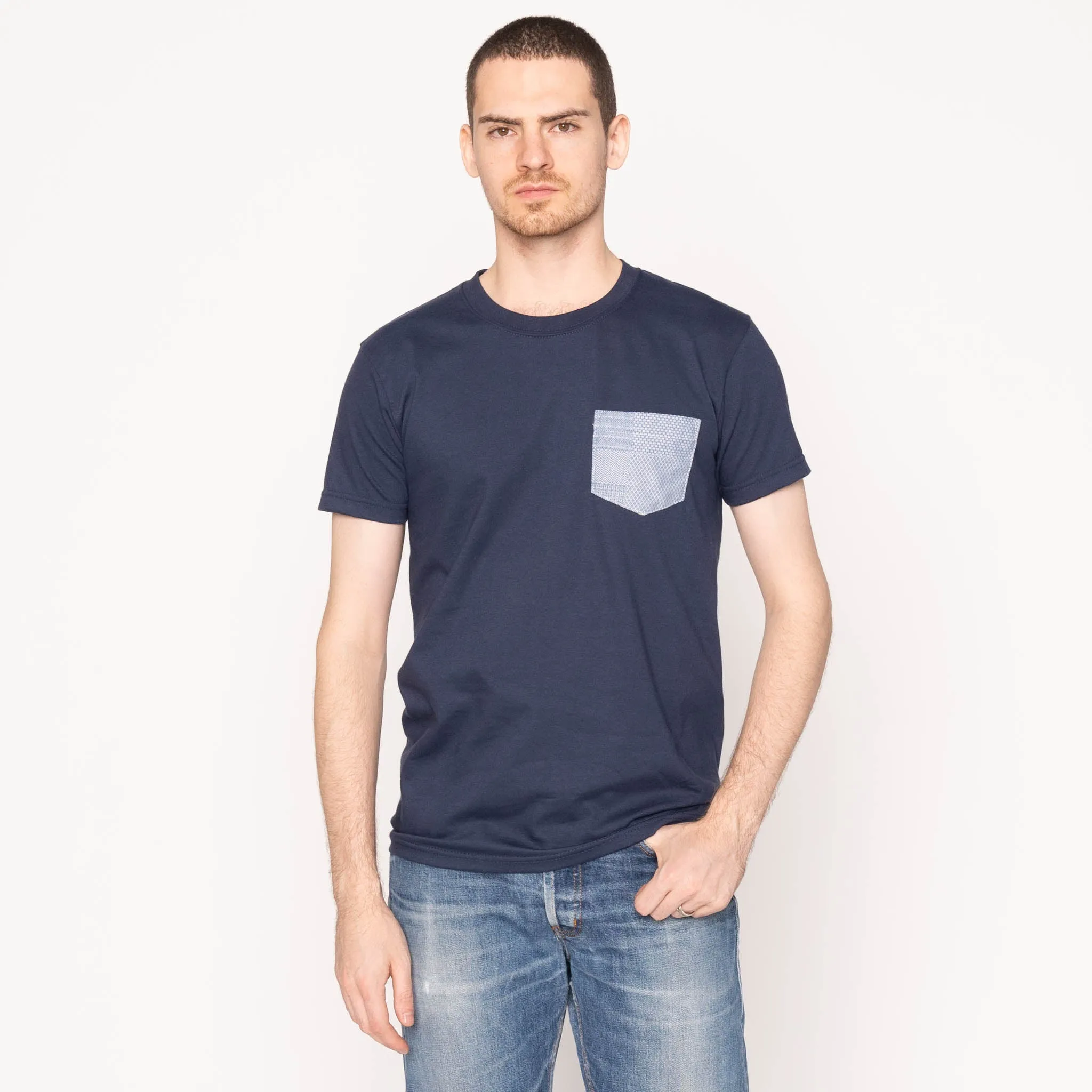 Pocket Tee - Navy - Dobby Patchwork - Pale Blue Sophisticated Casual