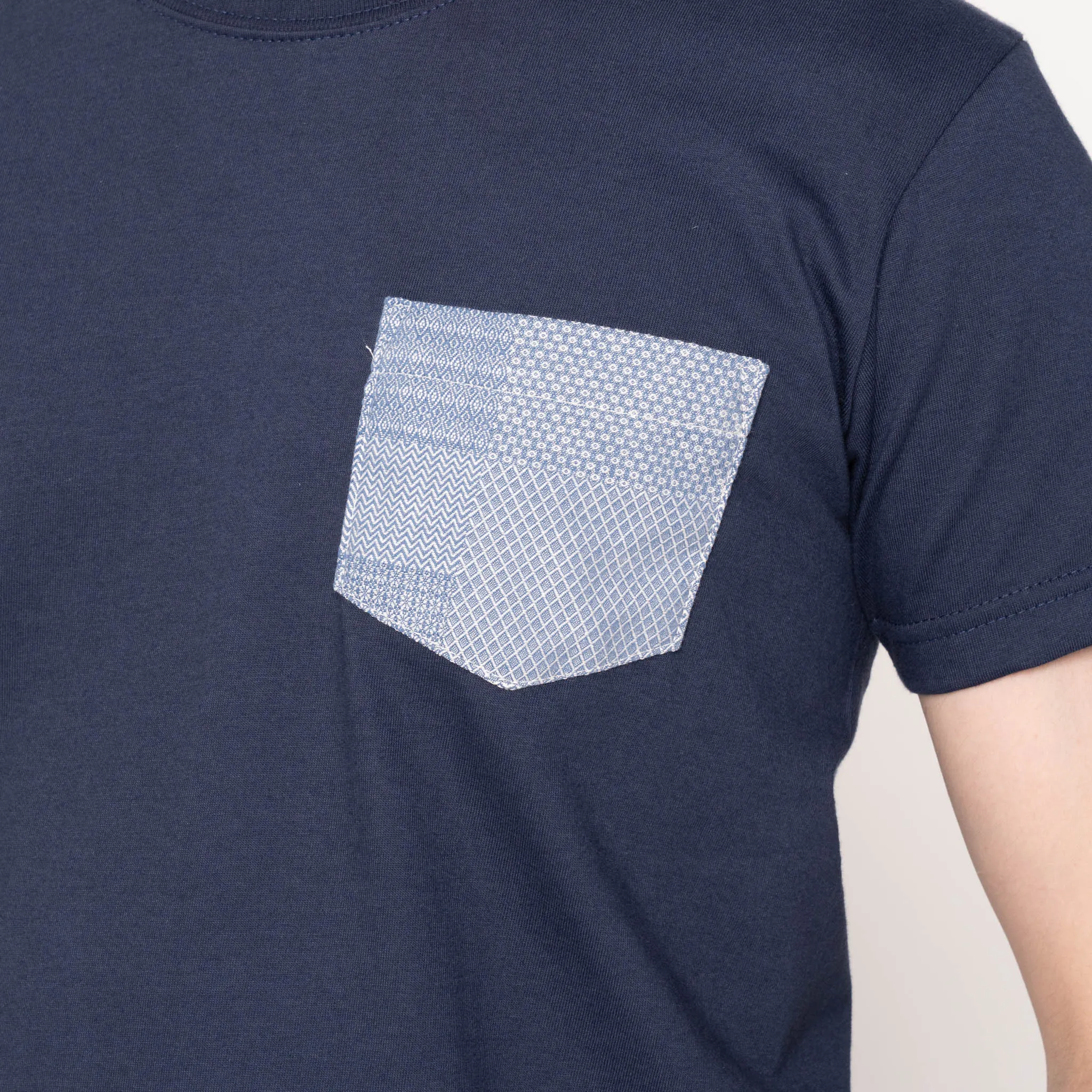Chilly Day Style Pocket Tee - Navy - Dobby Patchwork - Pale Blue