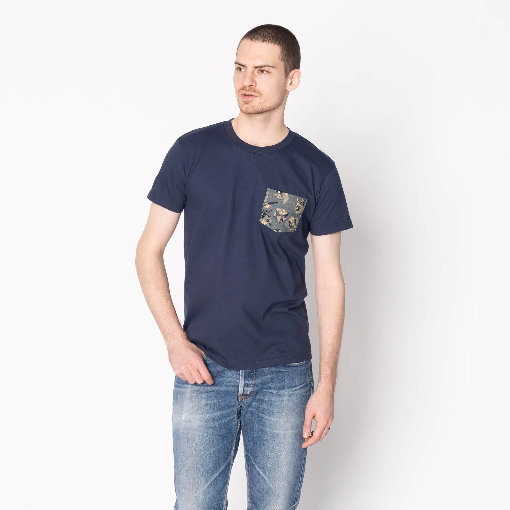 Comfortable Stretch Pocket Tee - Navy - Origami Poplin - Blue