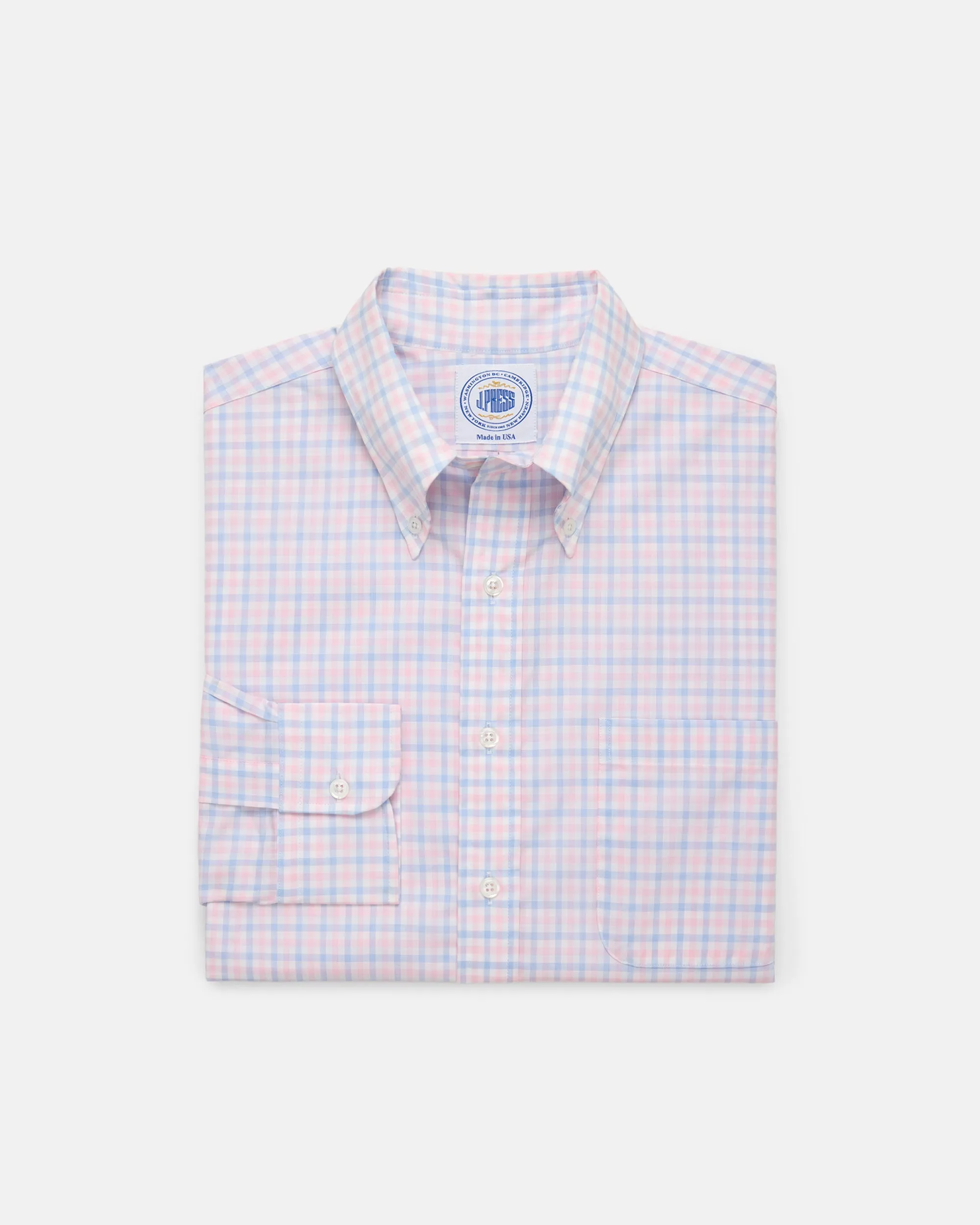Made-in-USA Thomas Mason Blue & Pink Check Button Down Shirt - Regular Fit Travel Essential