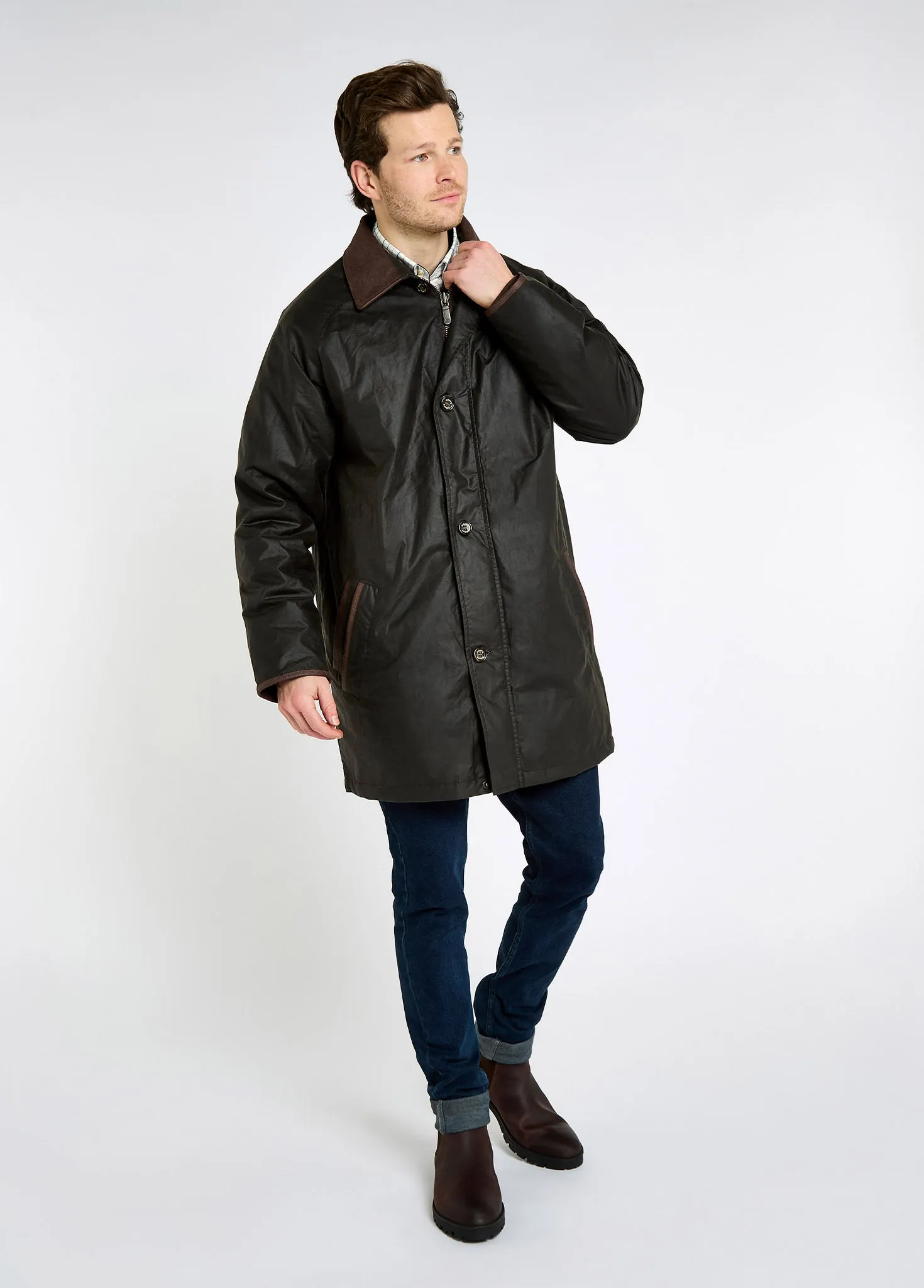 High Neck Prospect Men's waxed cotton coat - Verdigris