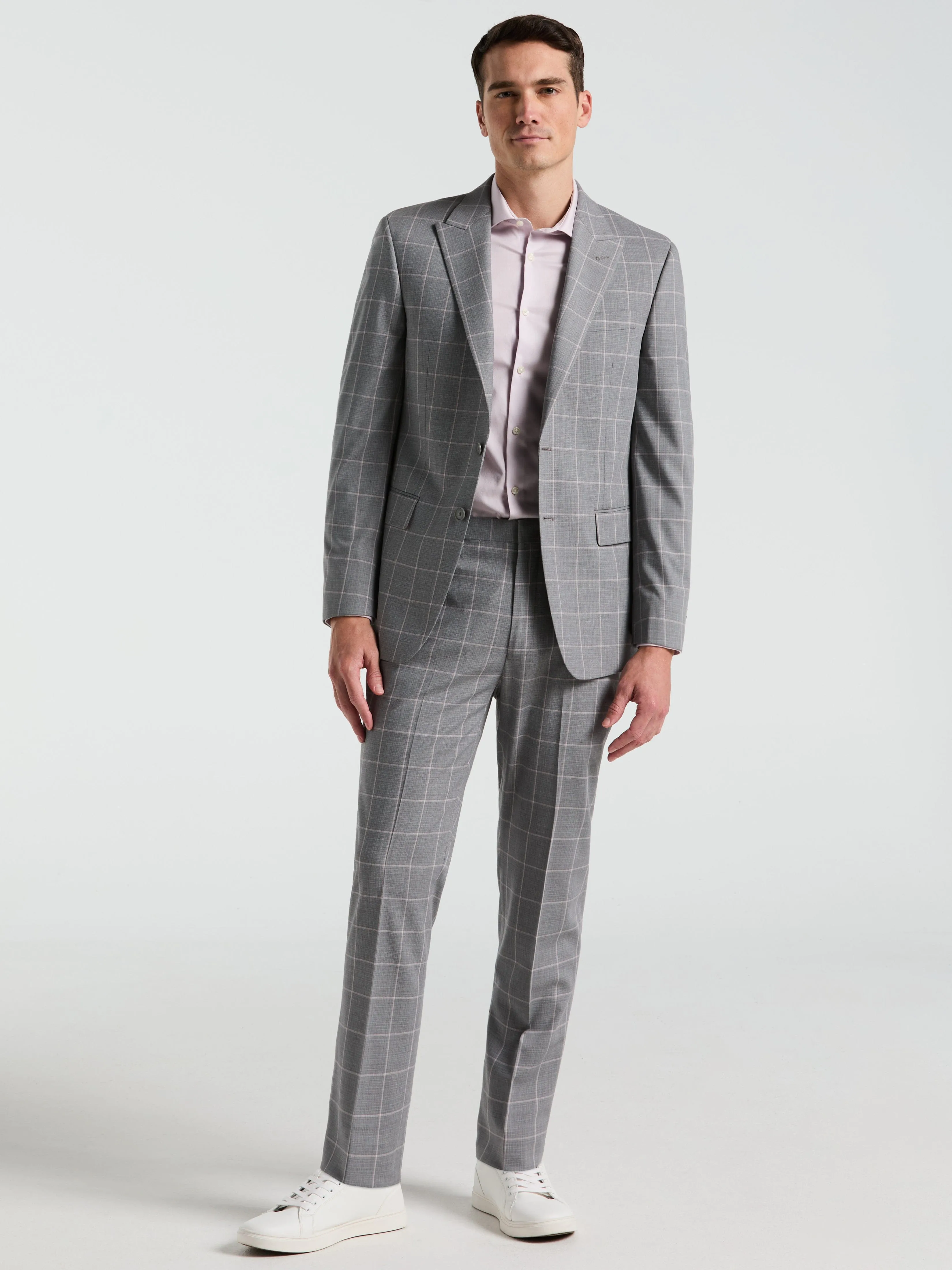 Slim Fit Windowpane Pattern Suit Pant Non Slip Waistband