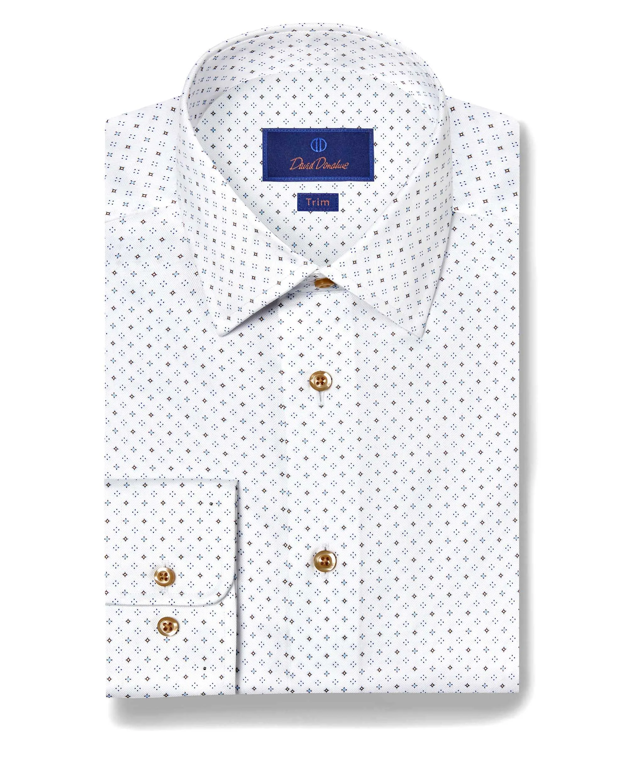 TBSP11202102 | White & Chocolate Geometric Print Dress Shirt Soft Stretch Collar