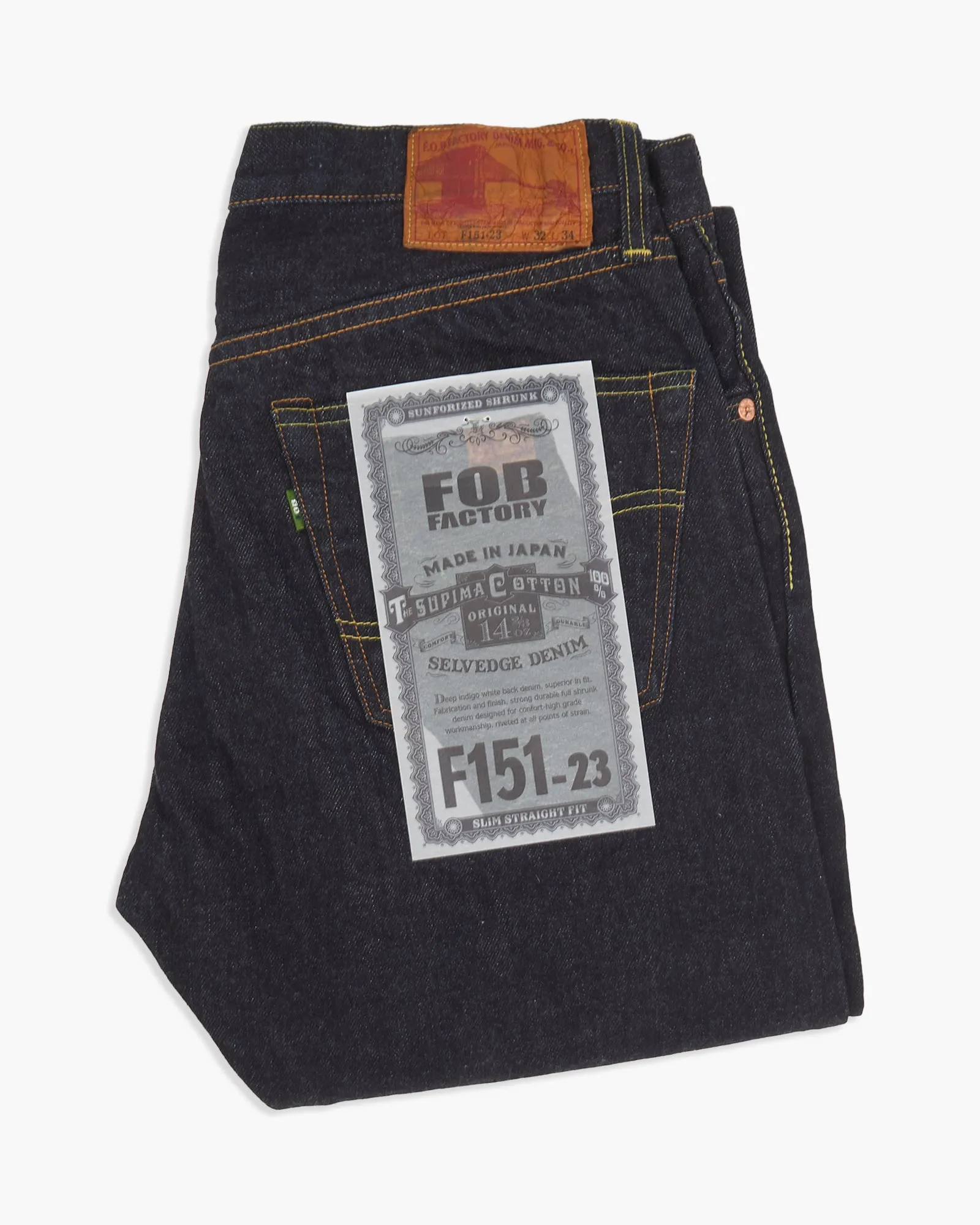FOB Factory F151-23 14.75oz Supima Selvedge XX 5P Slim Straight Mens Jeans - Onewash Night Out Daily Wear Slim Smooth