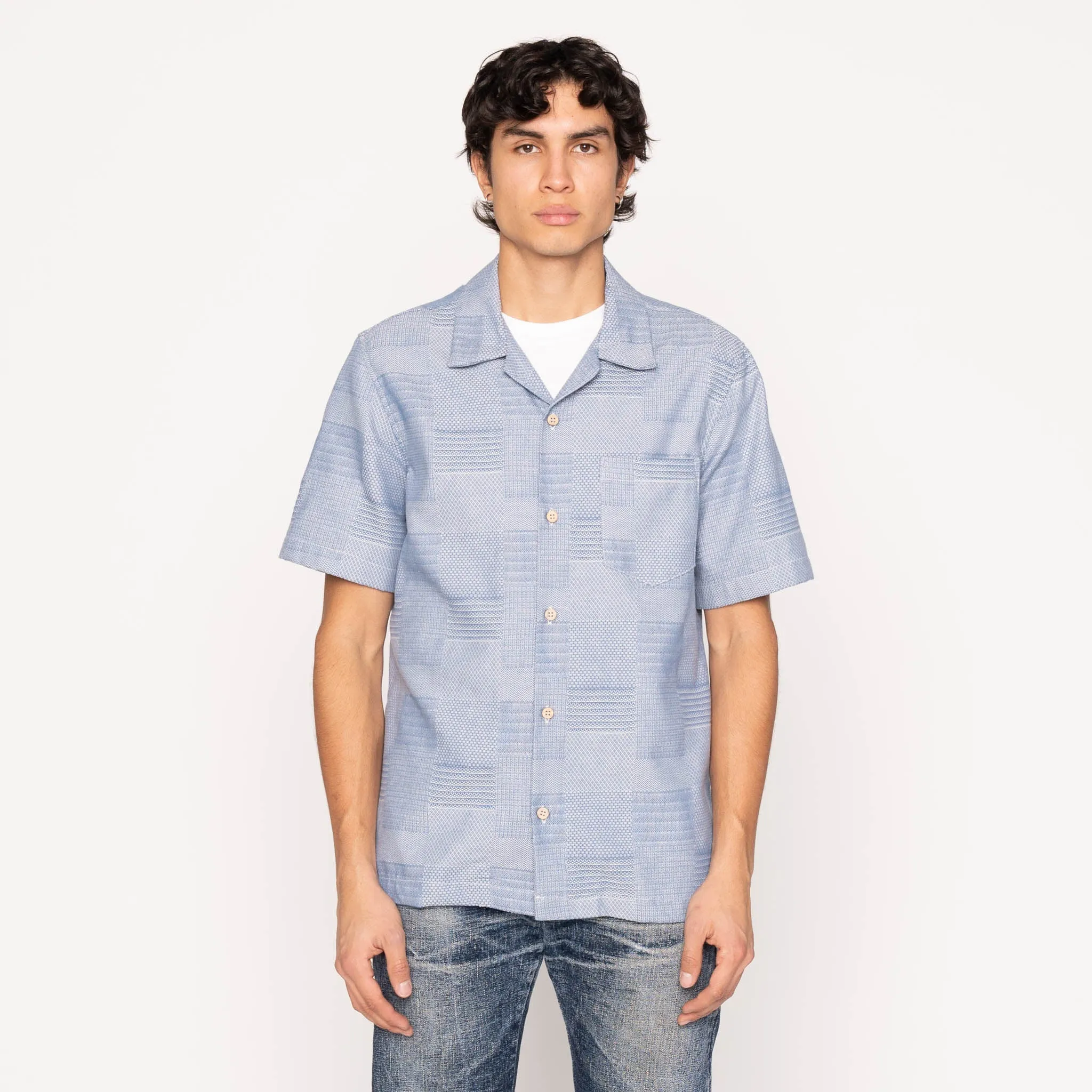 Winter Layering Soft Comfort Aloha Shirt - Dobby Patchwork - Pale Blue