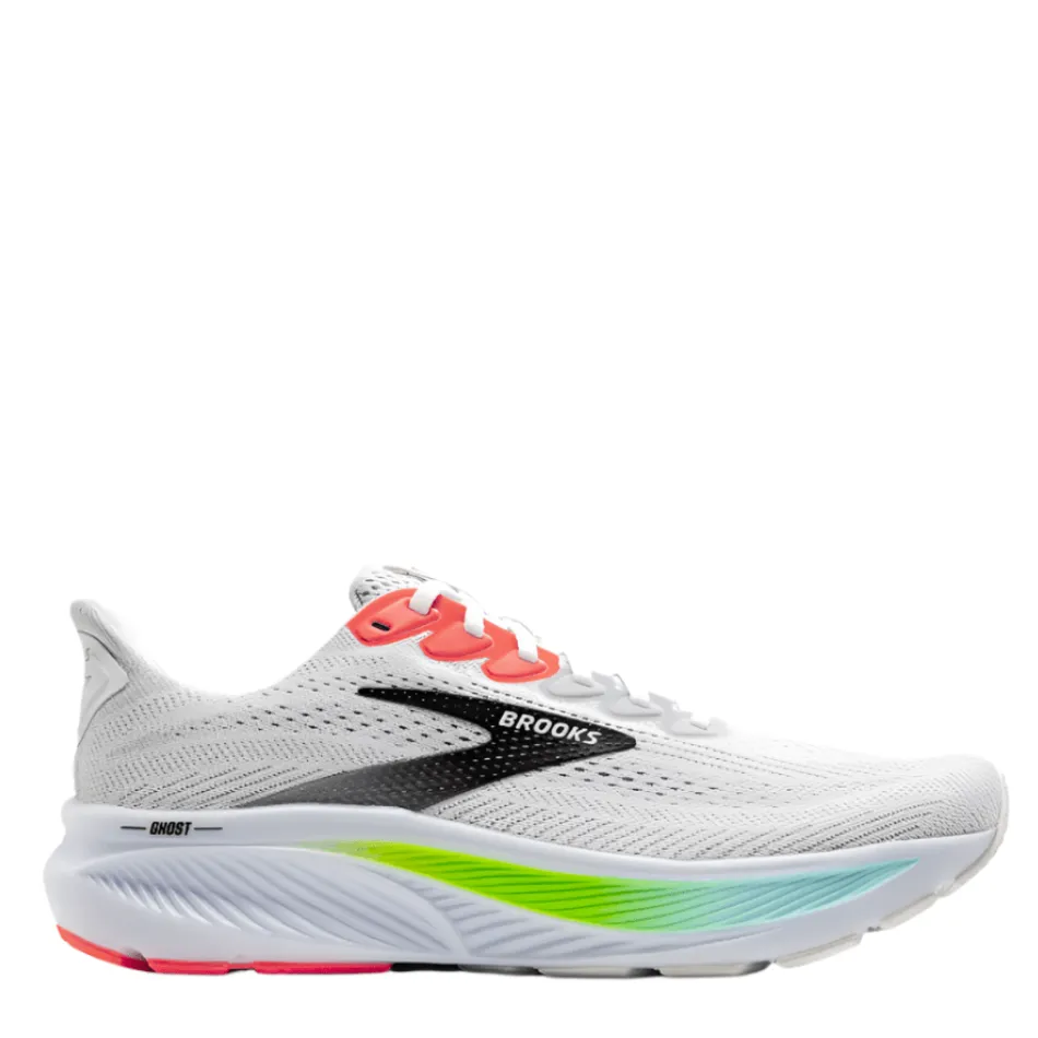 Brooks Men's Ghost 17 Running Shoes in White/Pink Clay/Gecko AW25 mesh material competitive running footwear
