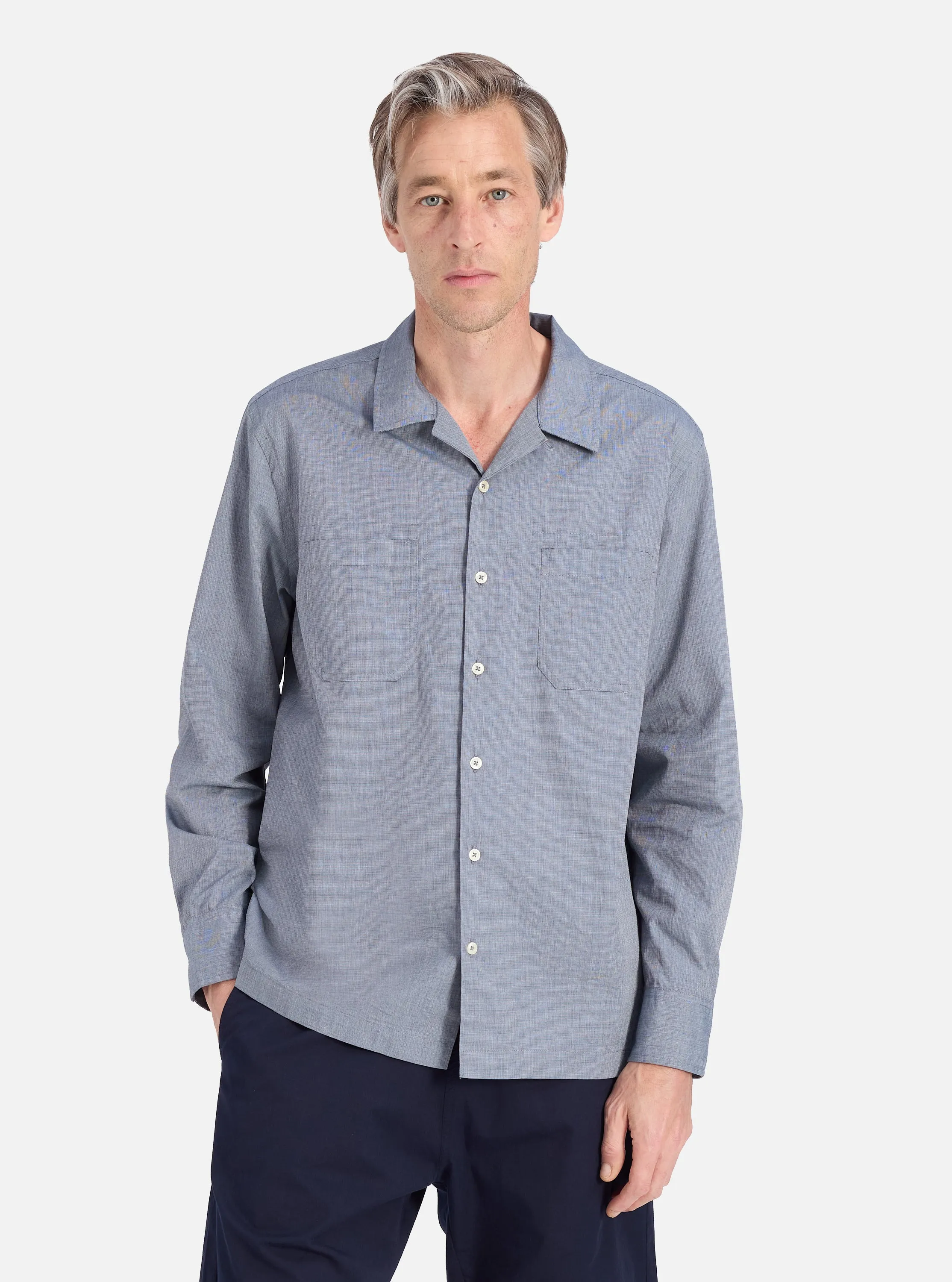 Grey End On End Cotton Garage Shirt Embellished Neckline
