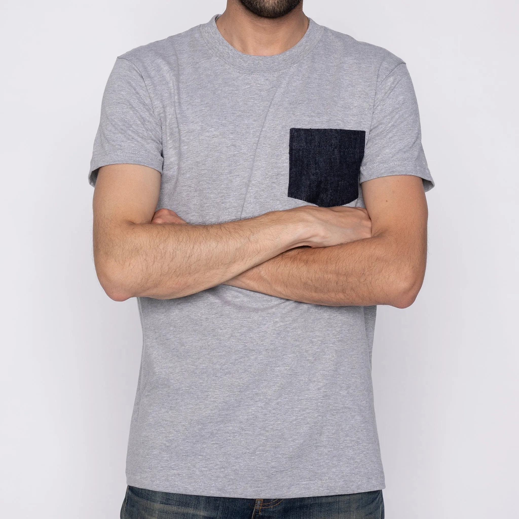 Pocket Tee - Heather Grey   Slub Nep Rinsed Denim Breathable Design Wear brandable