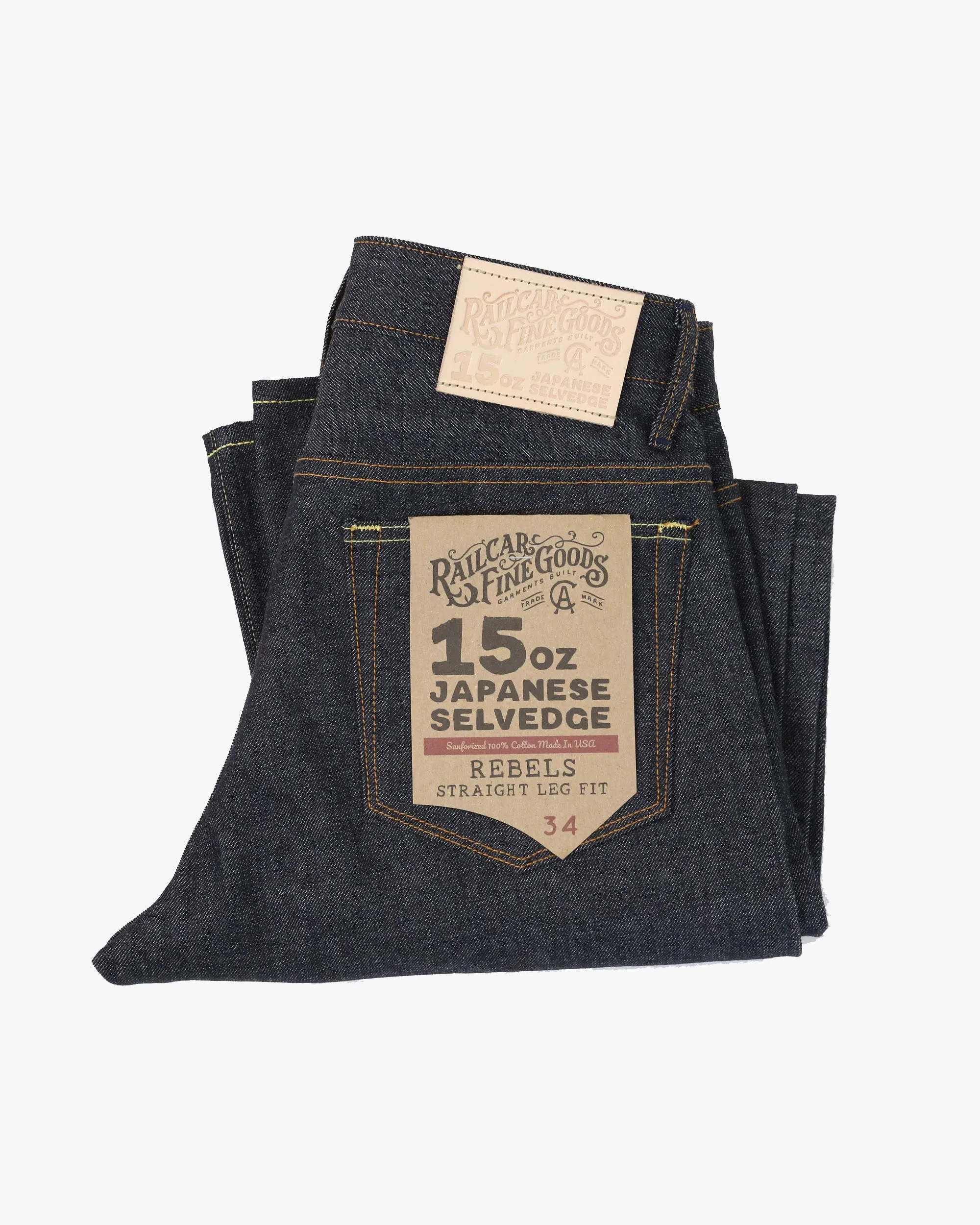 Railcar Fine Goods Rebels Straight Leg Mens Jeans - X100 15oz Japanese Dark Indigo Selvedge Colorfast Dyeing Method clean design