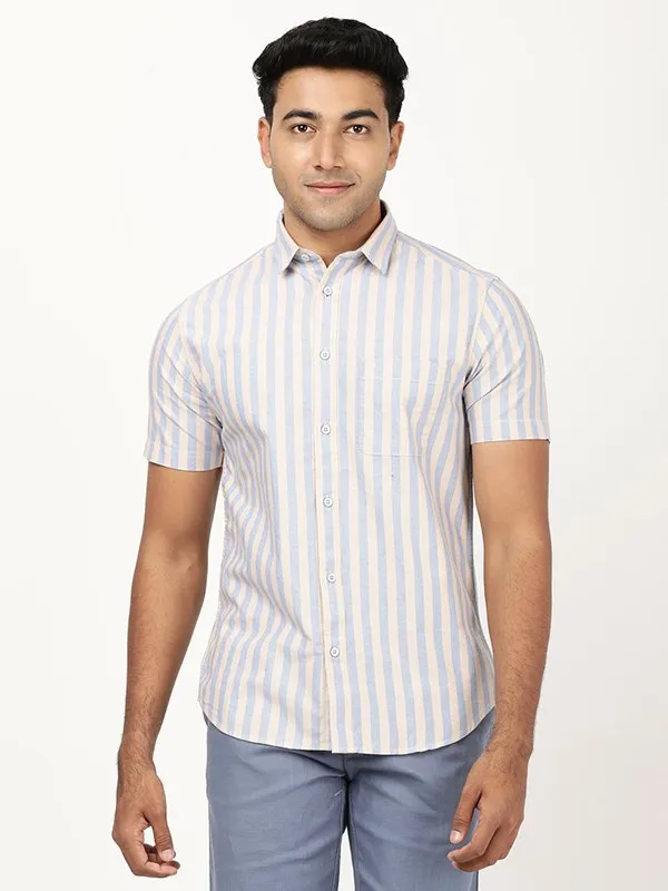 Men Striped Half Sleeve Cotton Shirt Mesh Insert High Density Weave