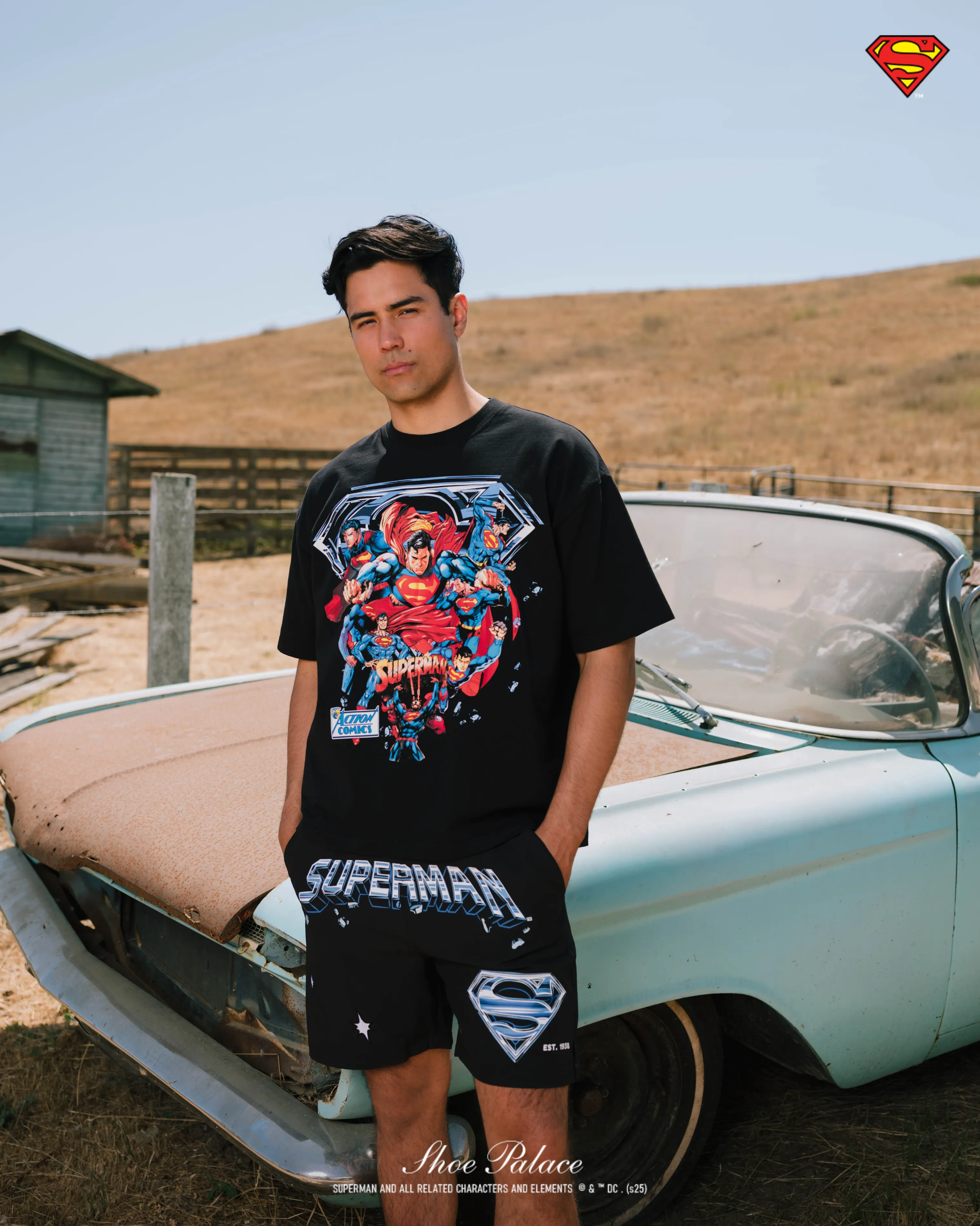 Comfy Casual Wear weekday wear Superman x Shoe Palace Collage Mens Short Sleeve Shirt (Black/Red)