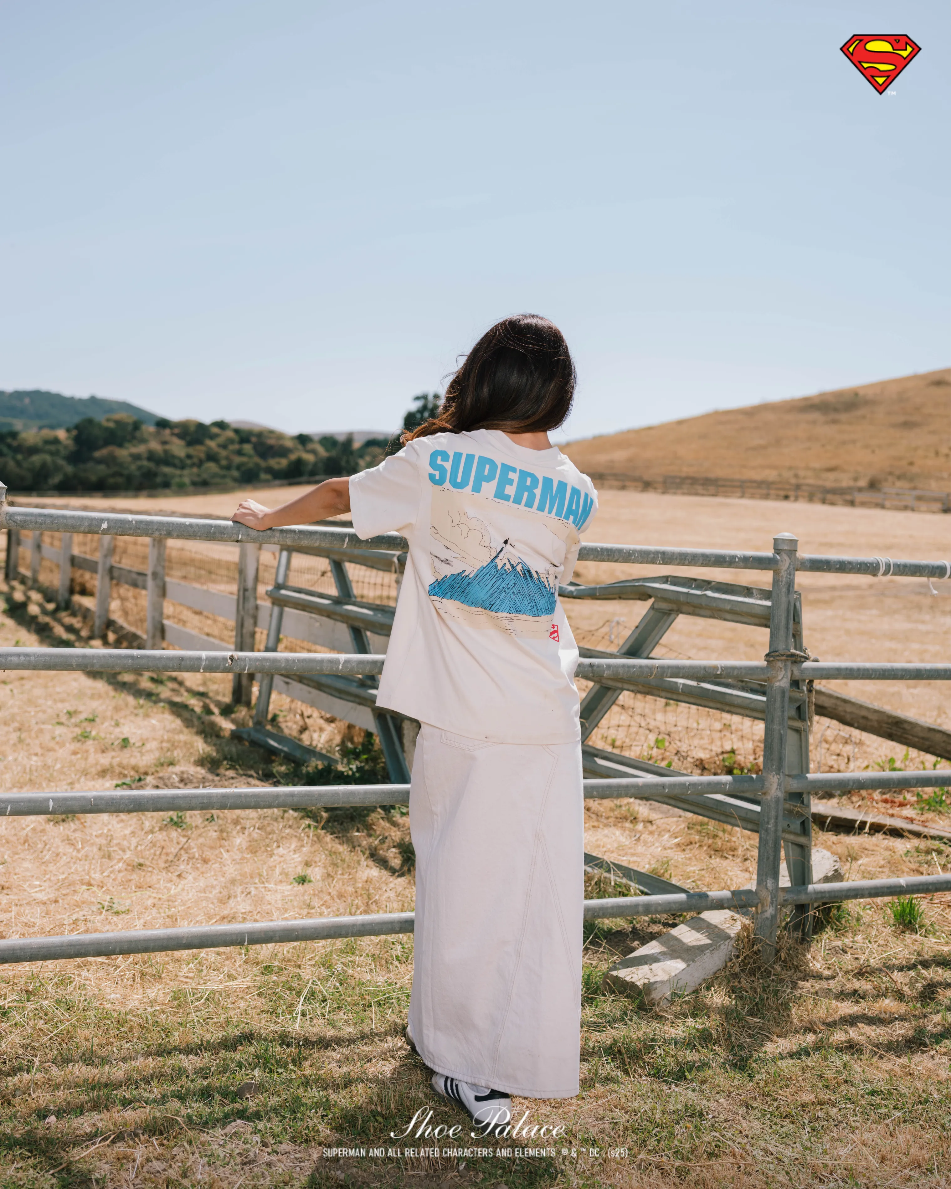 Superman x Shoe Palace Man of Steel Mens Short Sleeve Shirt (Beige/Blue) LongLastingColor