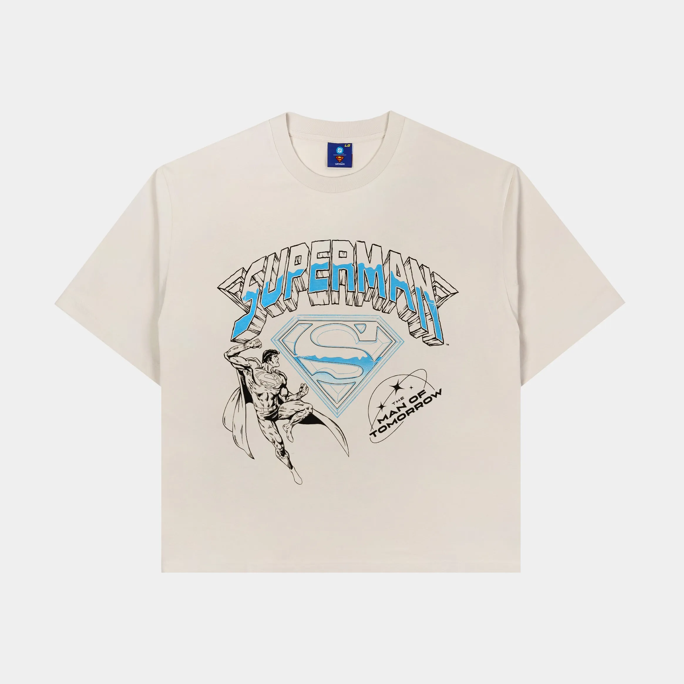 Superman x Shoe Palace Man of Steel Mens Short Sleeve Shirt (Beige/Blue) Soft and Flexible StretchFabric