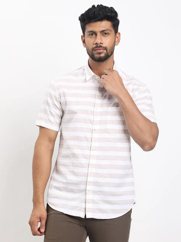 family gathering Durable Stitching Men Striped Half Sleeve Cotton Blend Shirt