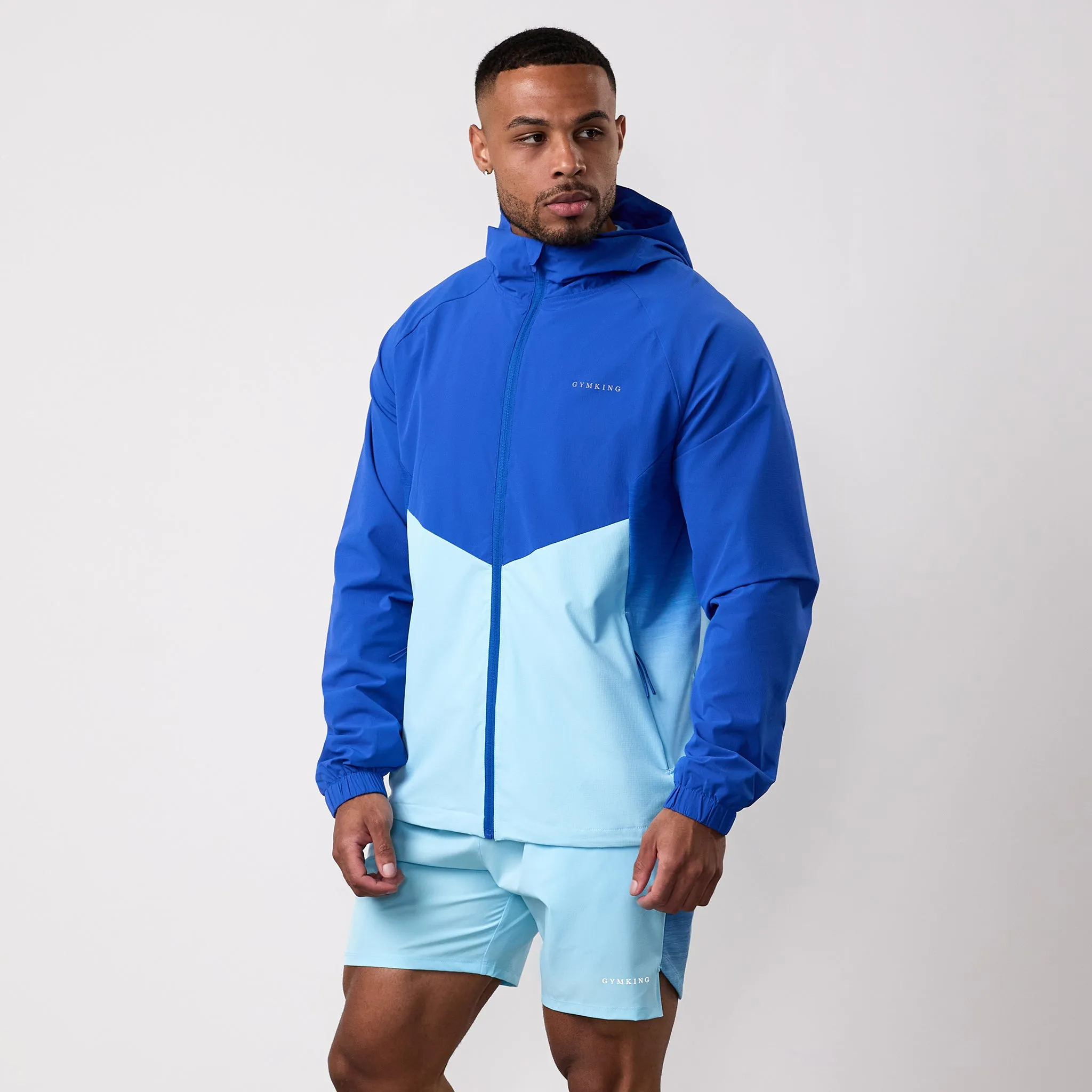 DoubleStitchSeams Seamless Edge Finishing Gym King Ombre Windbreaker - Capri Blue/Ocean Breeze/White