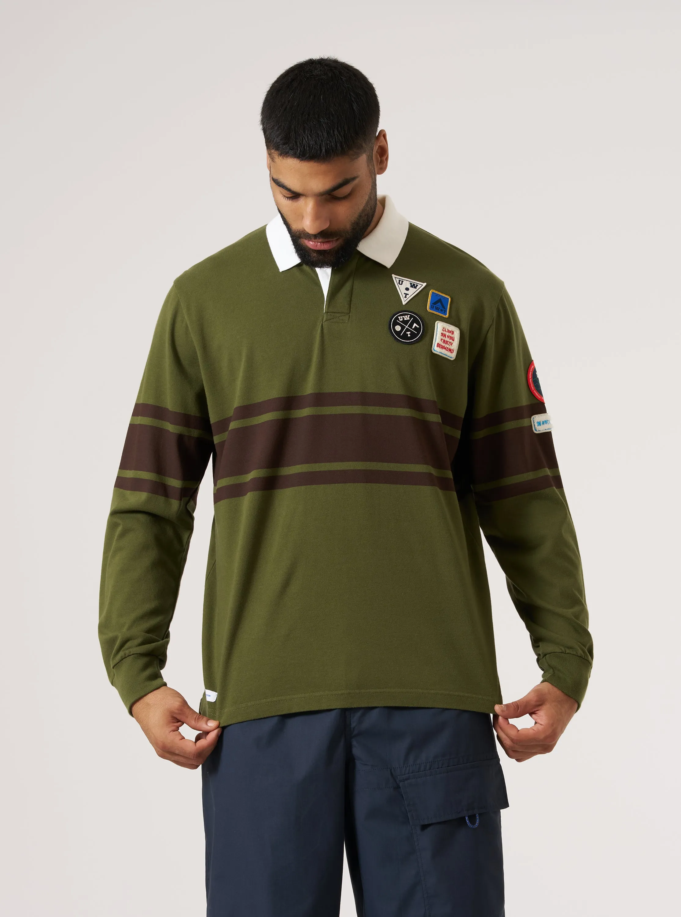 Topologie x Universal Works Olive/Brown MW Organic Cotton Rugby Shirt color block