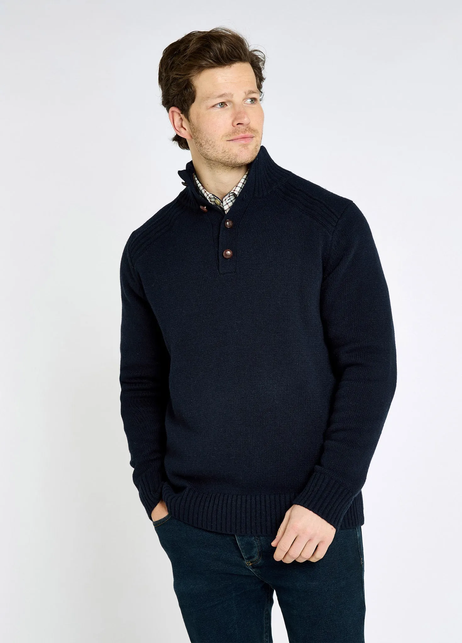 Collapsible Hood Group Mood Shields Men??s button neck sweater - Navy