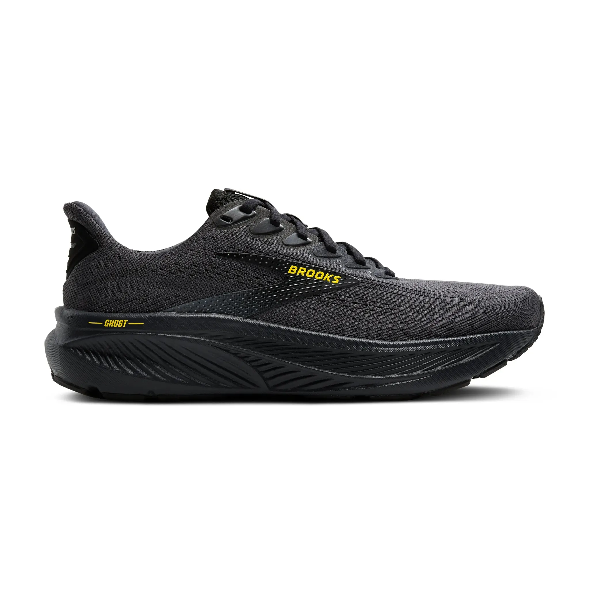 Men's Brooks Ghost 17 Road Running Shoe in Ebony/Black/Yellow Cushion Support adventure running option
