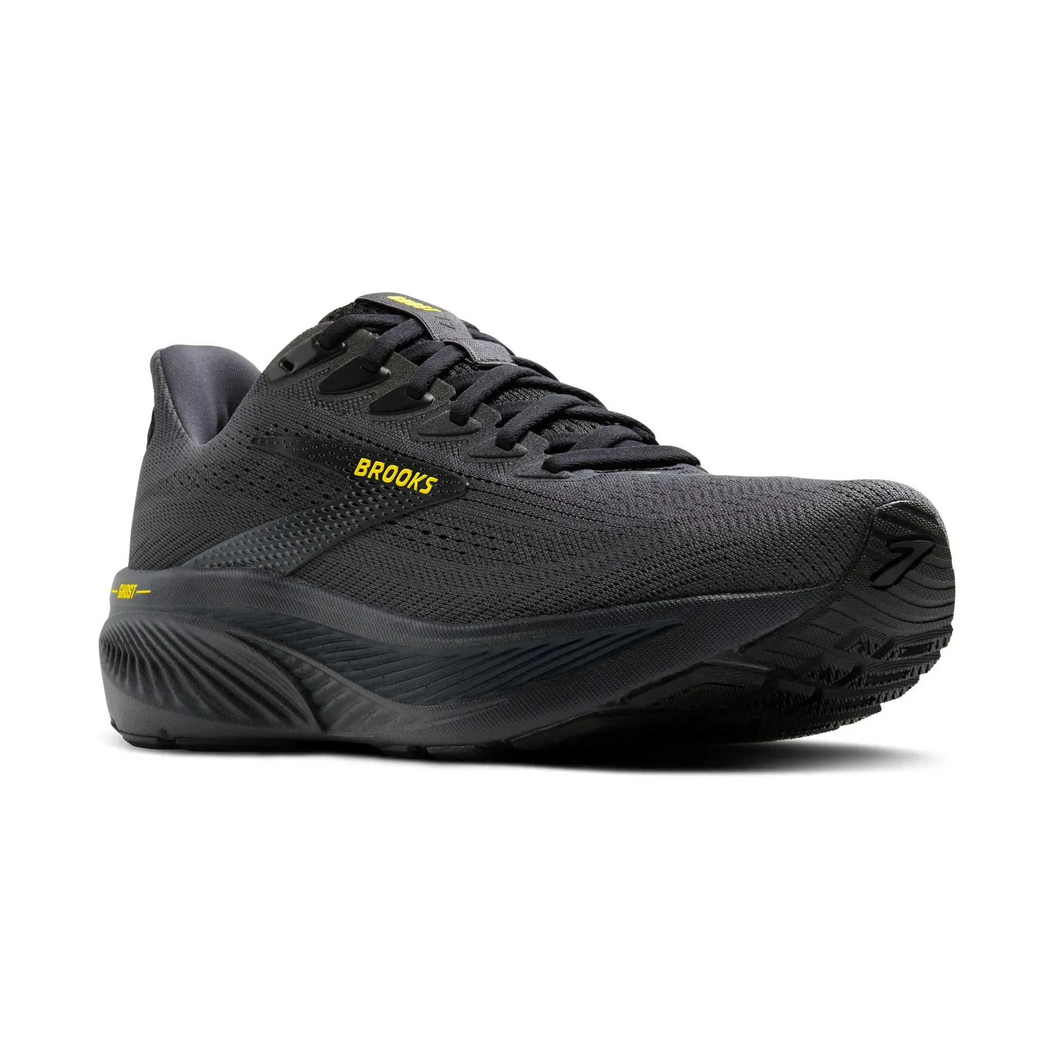 Men's Brooks Ghost 17 Road Running Shoe in Ebony/Black/Yellow Flexible Groove Construction