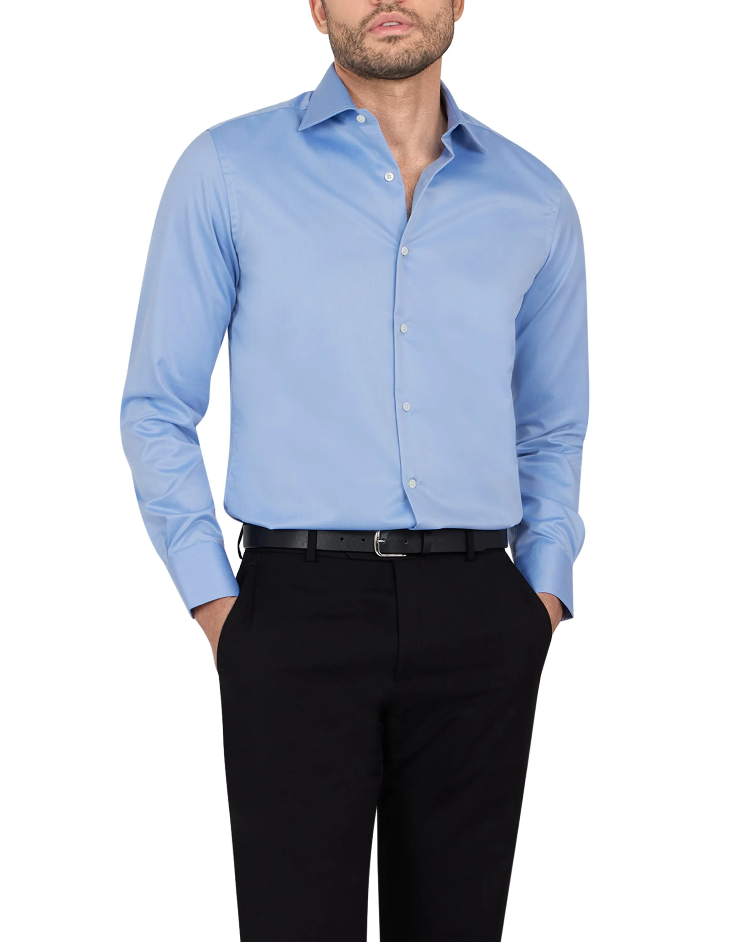 Tailored Cuffs French Blue Twill Natural Stretch Cotton Dress Shirt