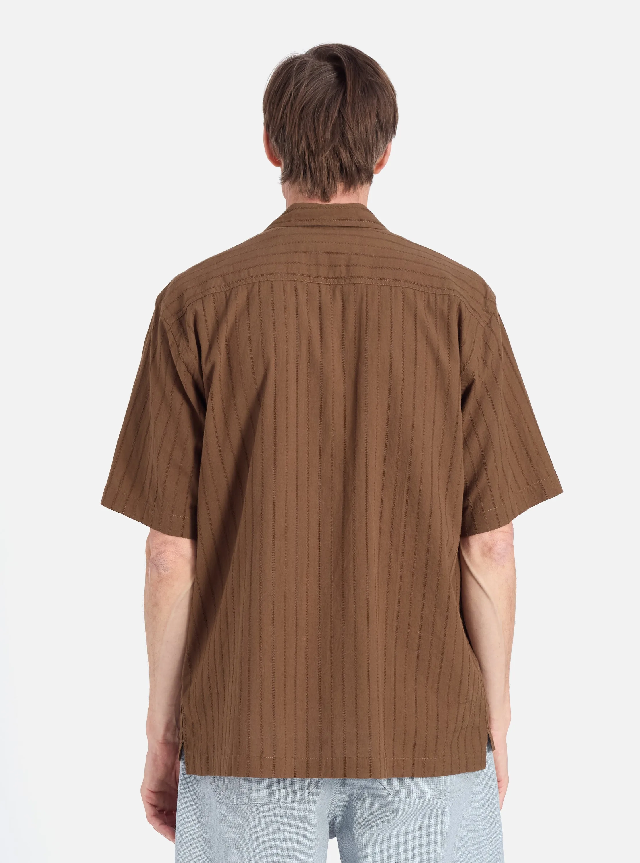 Brown Dobby Self Stripe Camper Shirt Casual Hangout Anti Static Treatment