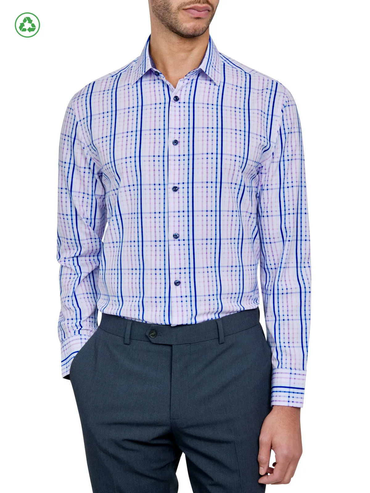 Multi Functional Pockets Denim Blend PLAID PERFORMANCE DRESS SHIRT