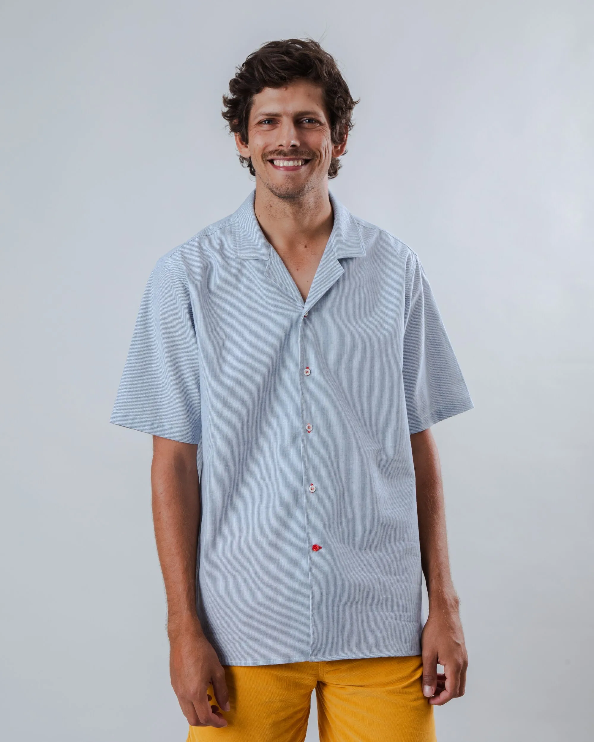 Classic Style Chilly Day Wear Pinstripes Aloha Shirt Blue