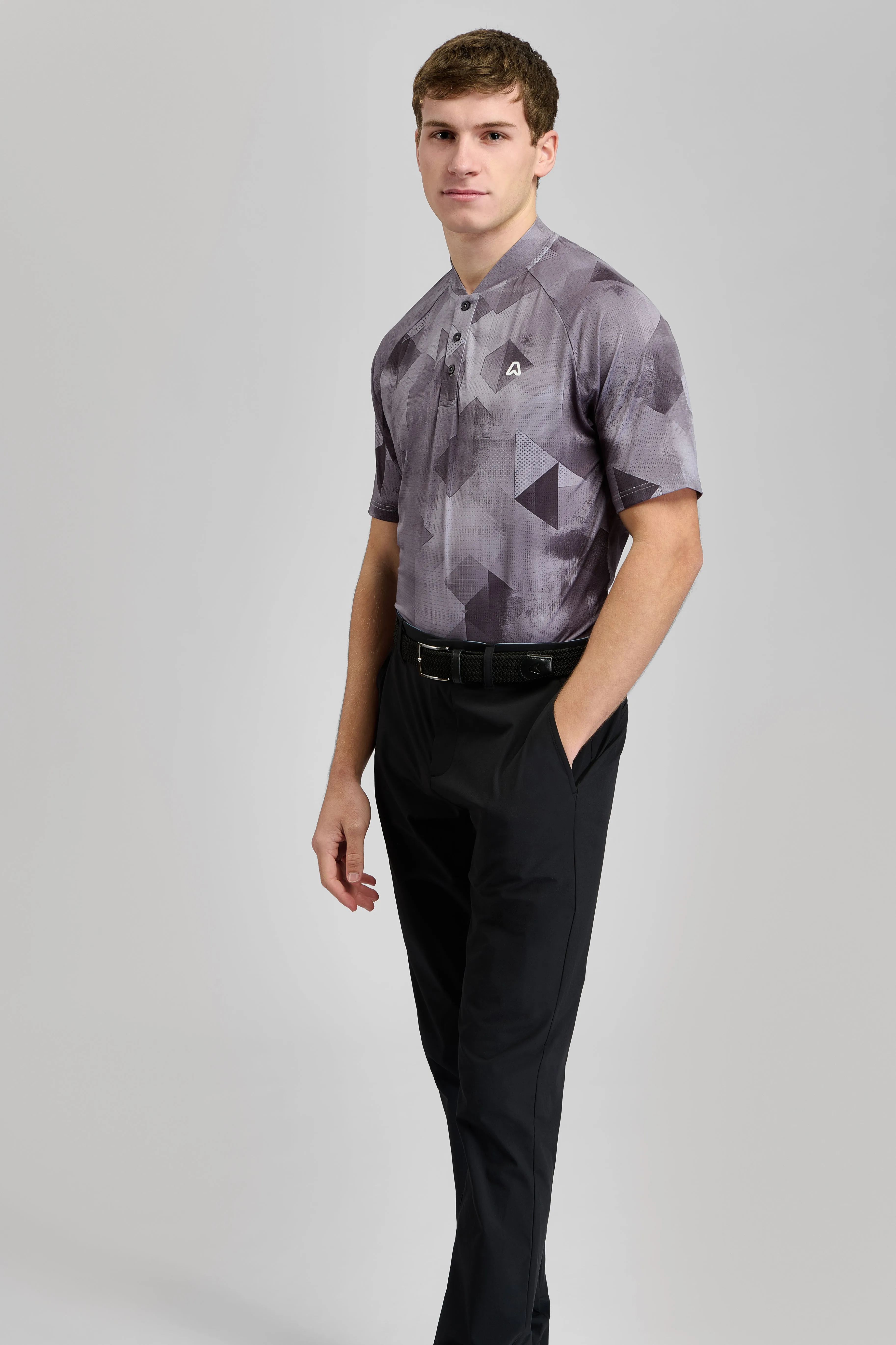 Vapor Geo Print Grandad Golf Polo Shirt - Driver Grey Comfortable Fabric