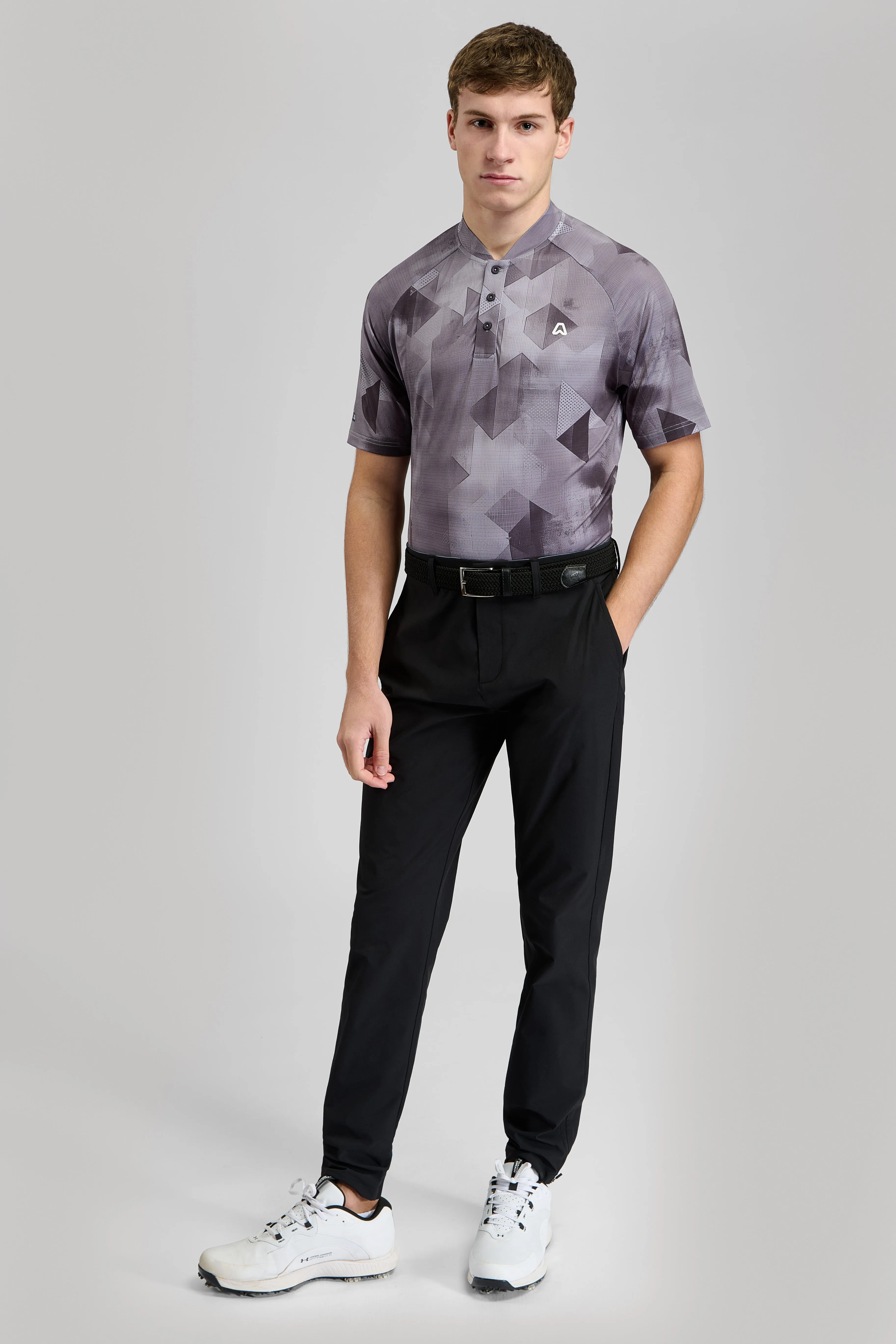 Quick Dry Construction Vapor Geo Print Grandad Golf Polo Shirt - Driver Grey