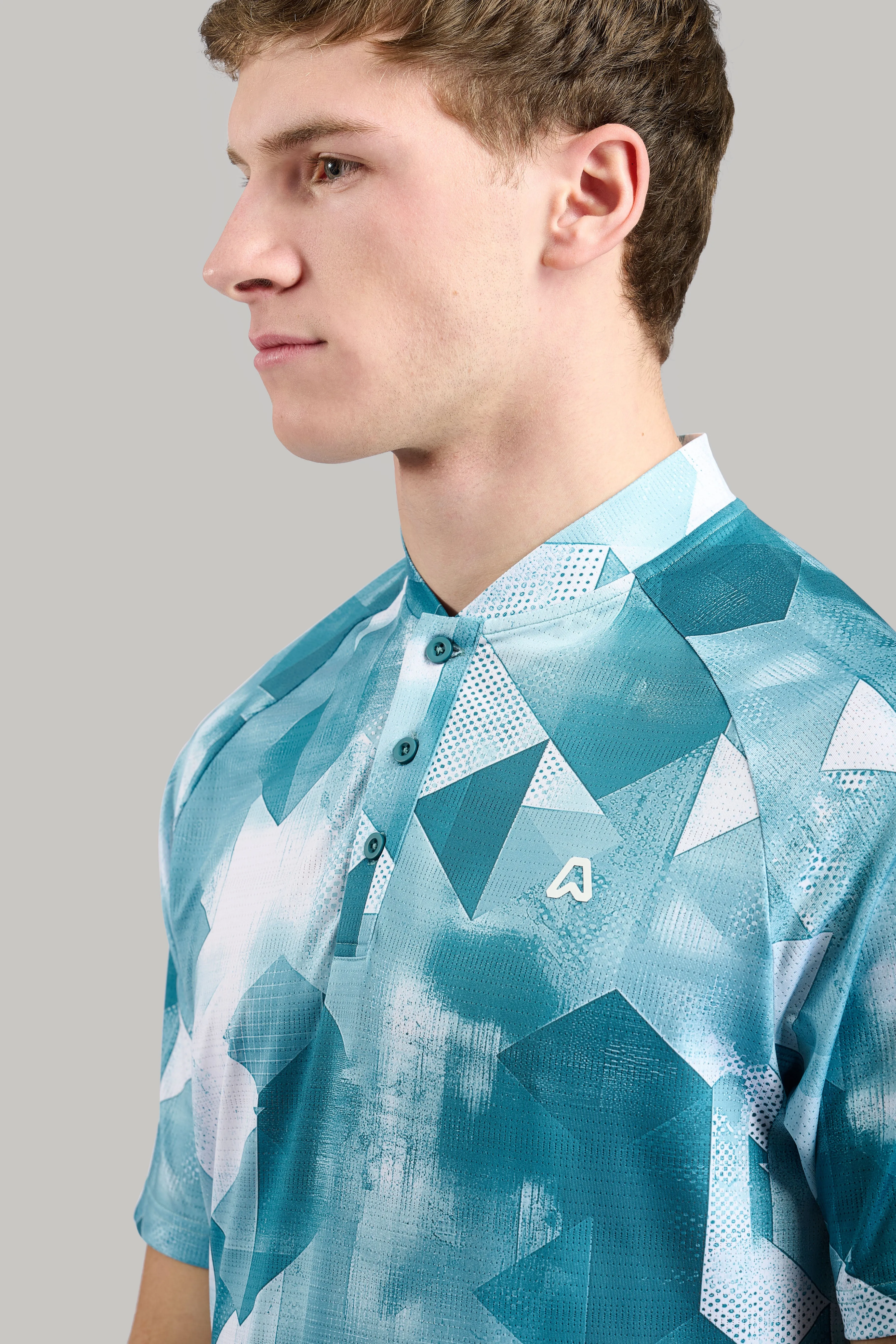 Vapor Geo Print Grandad Golf Polo Shirt - Fresh Mint Microfiber Material Vibrant Hue