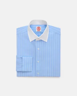 Made-in-USA Thomas Mason Blue & White Stripe Spread Collar French Cuff Dress Shirt - Regular Fit Ethical production