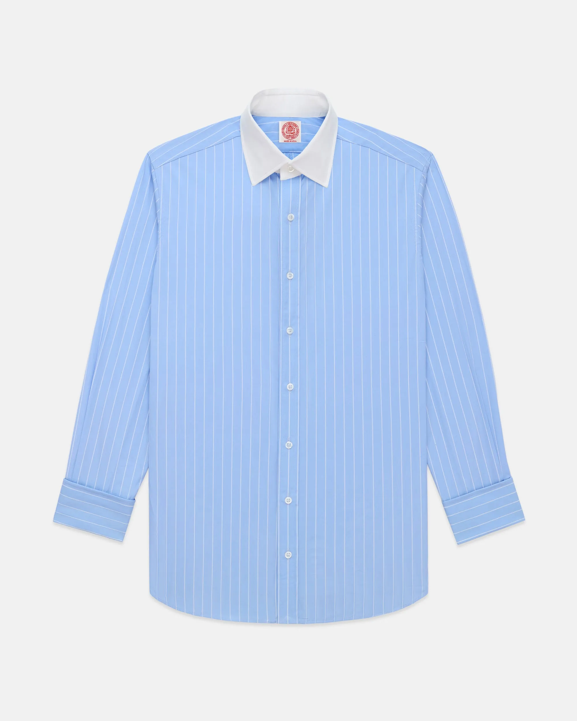 Button front Classic Comfort Made-in-USA Thomas Mason Blue & White Stripe Spread Collar French Cuff Dress Shirt - Regular Fit