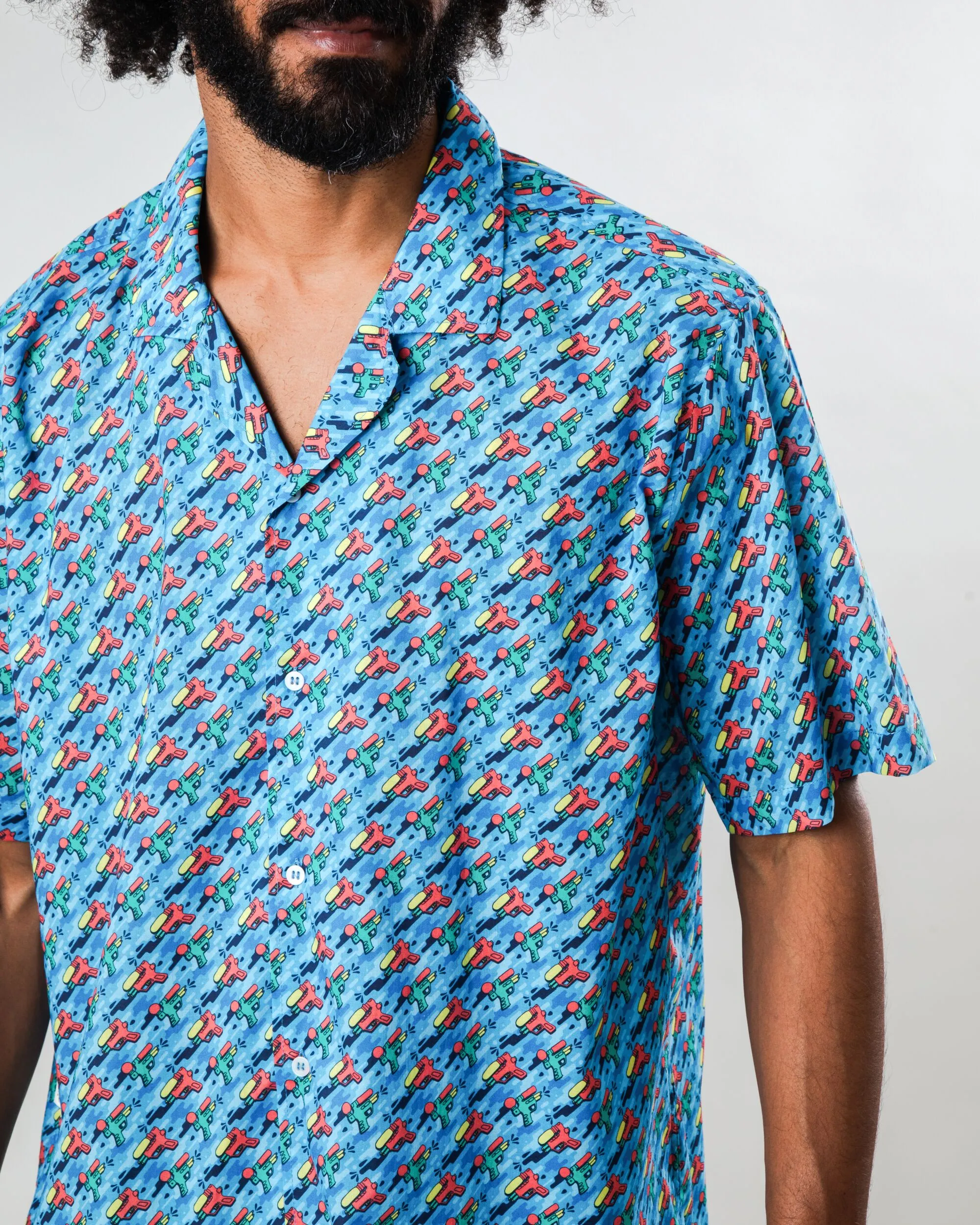 Perfect Look Subtle pattern Water Gun Aloha Shirt Blue