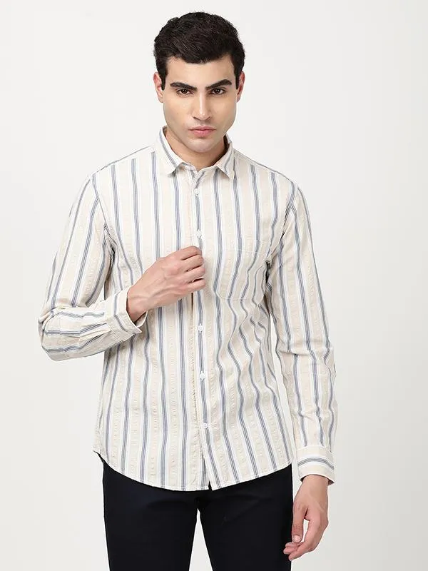 Unstructured Shoulder Night Out Men Striped Full Sleeve Cotton Shirt