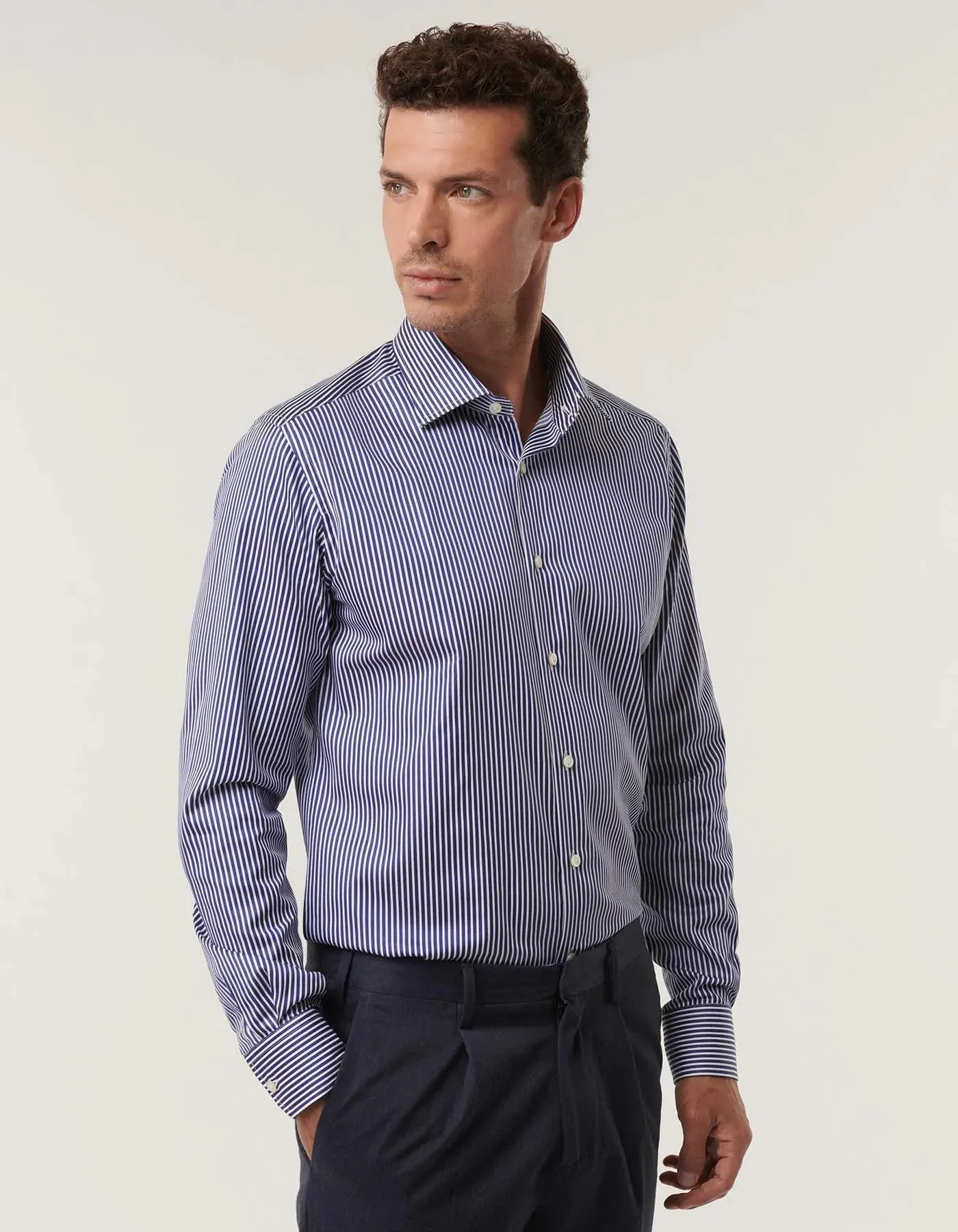 ID80403-Xacus Navy Stripe Button Down Shirt Layered Look