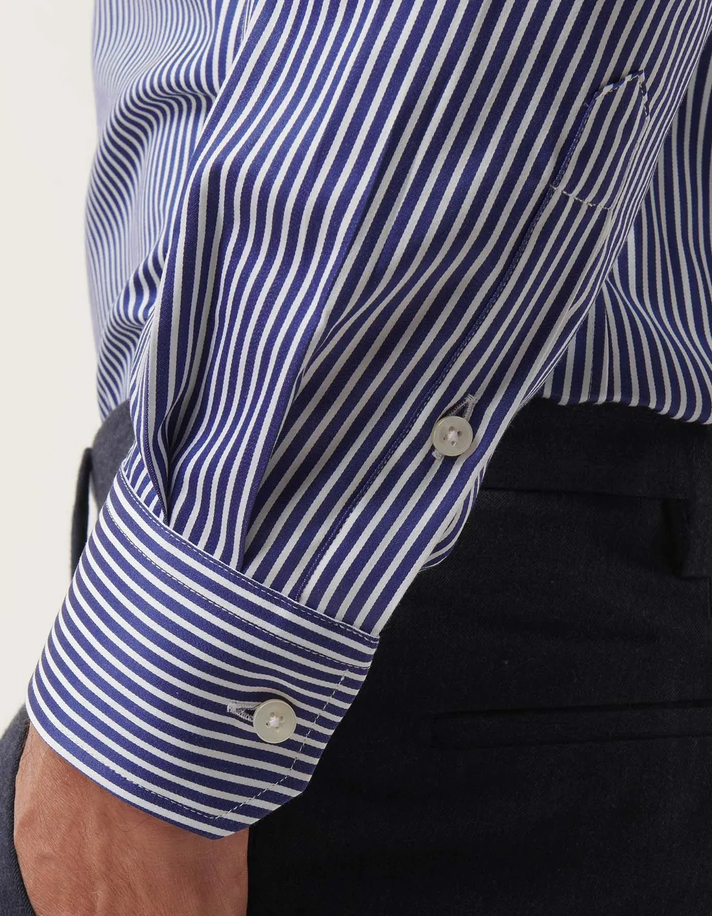 ID80403-Xacus Navy Stripe Button Down Shirt Everyday Layer Bold Print