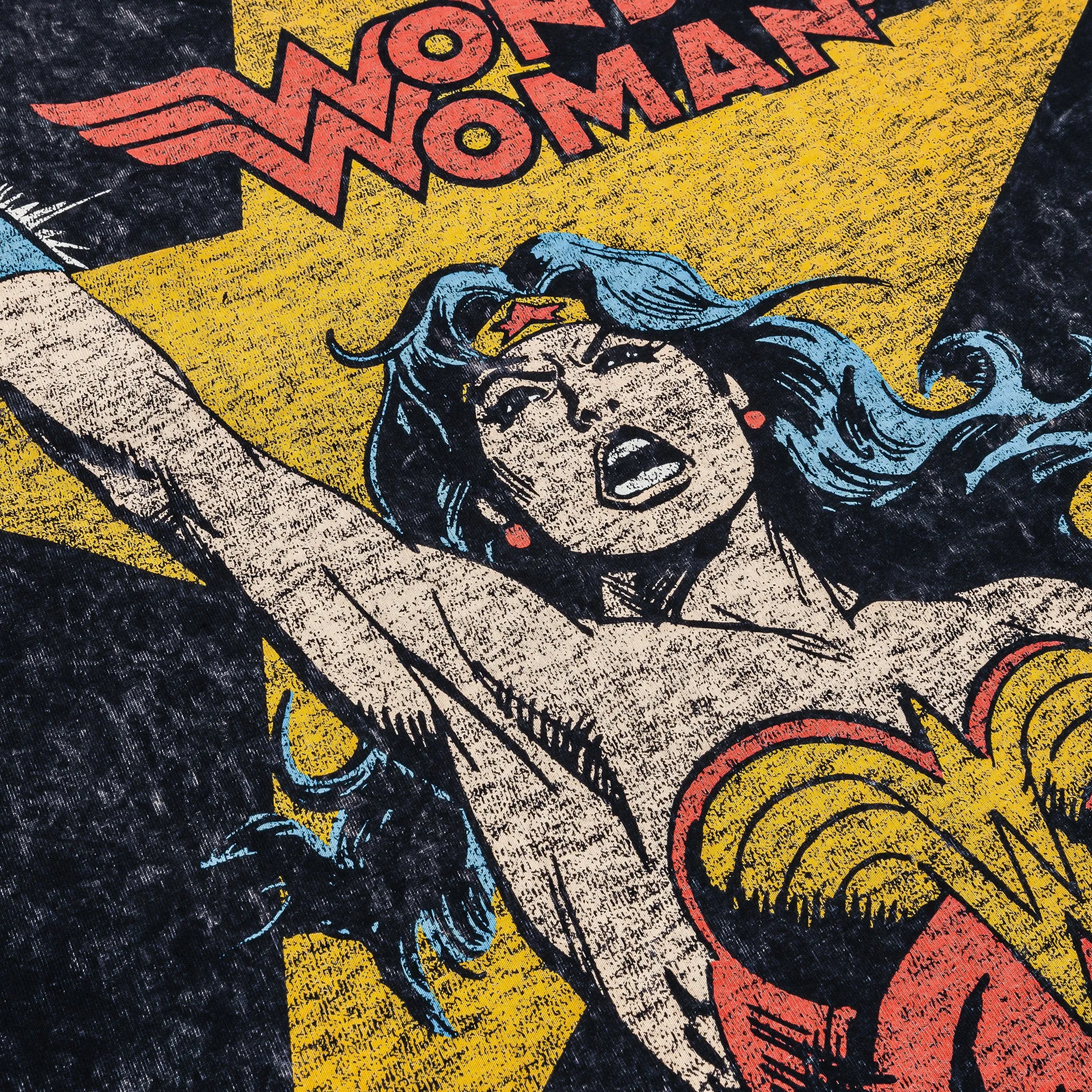 Comfort Fit loose but not baggy Wonder Woman DC Bronze Age Mens Short Sleeve Shirt (Black/Yellow)