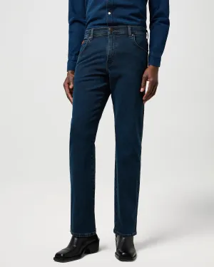 Modern Minimalist Urban Explorer Neutral palette Wrangler Texas Stretch Authentic Straight Mens Jeans - Blue Oxide